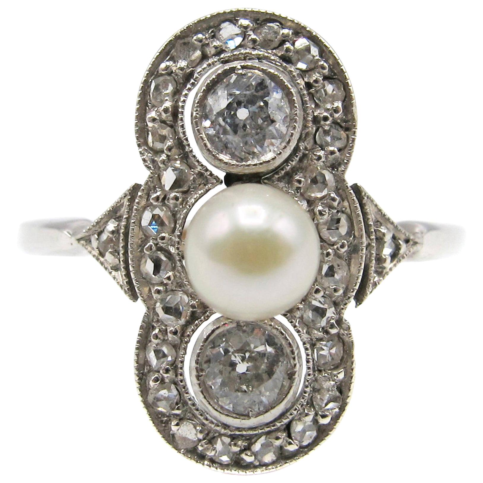 Art Deco Diamond Pearl Gold Ring For Sale