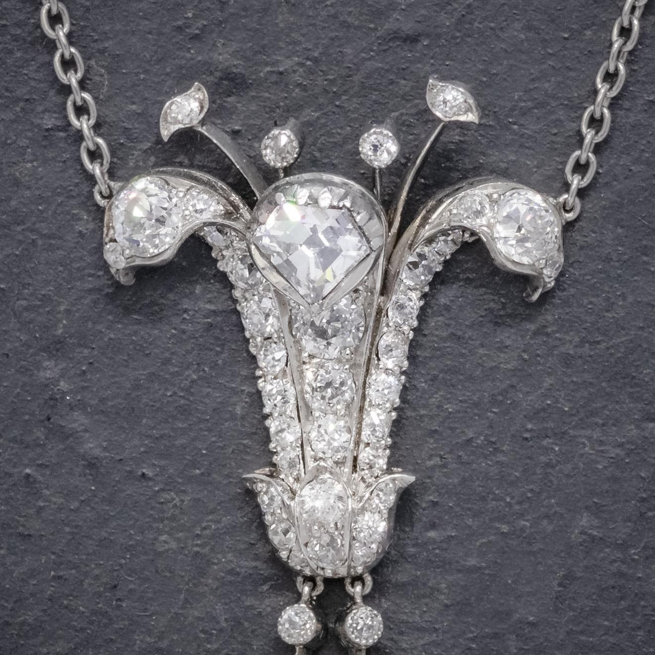 Old European Cut Art Deco Diamond Pearl Lily Lavaliere Necklace 5ct of Diamond with Cert