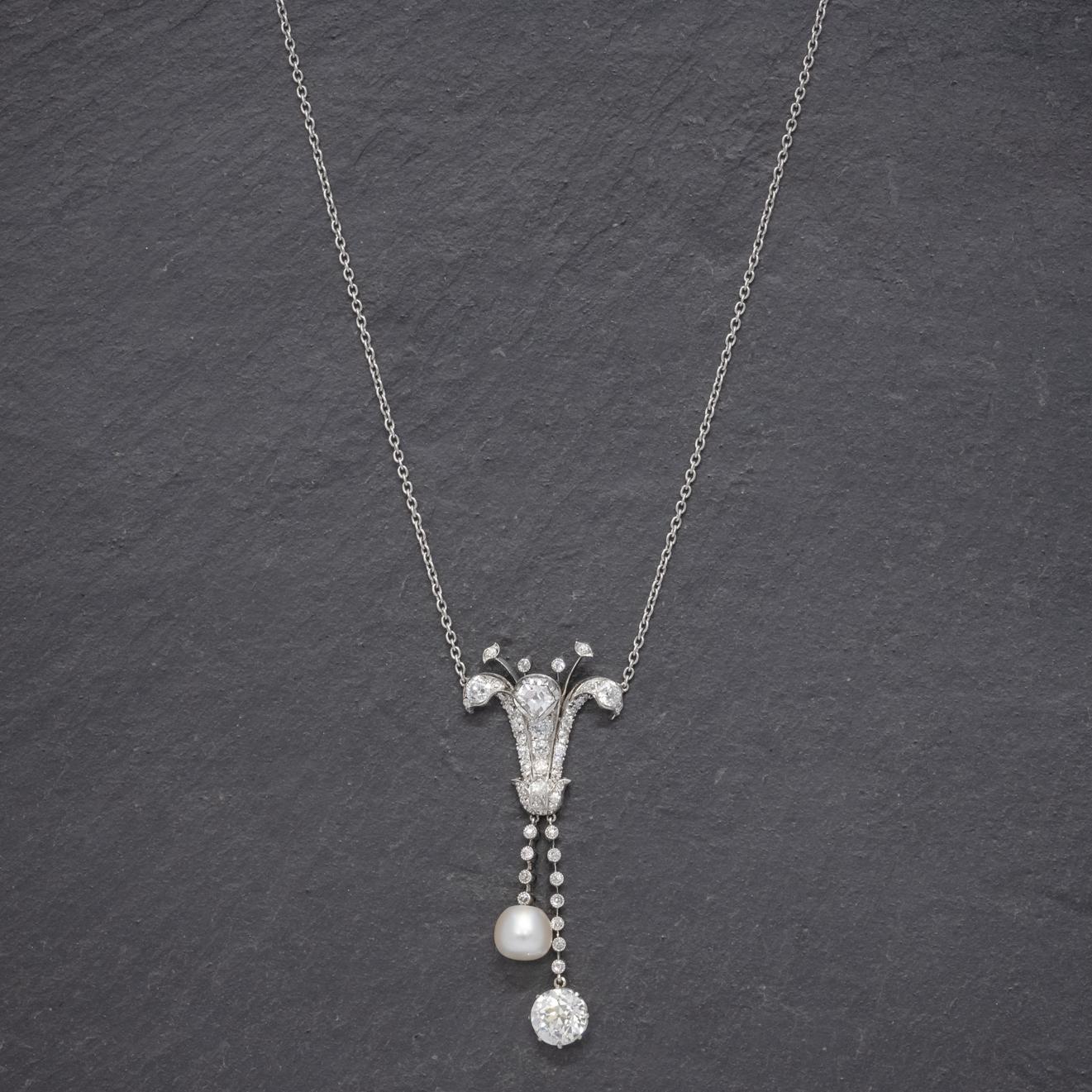 Art Deco Diamant Perle Lilie Lavaliere Halskette 5 Karat Diamant mit Cert im Angebot 1