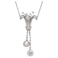Art Deco Diamond Pearl Lily Lavaliere Necklace 5ct of Diamond with Cert
