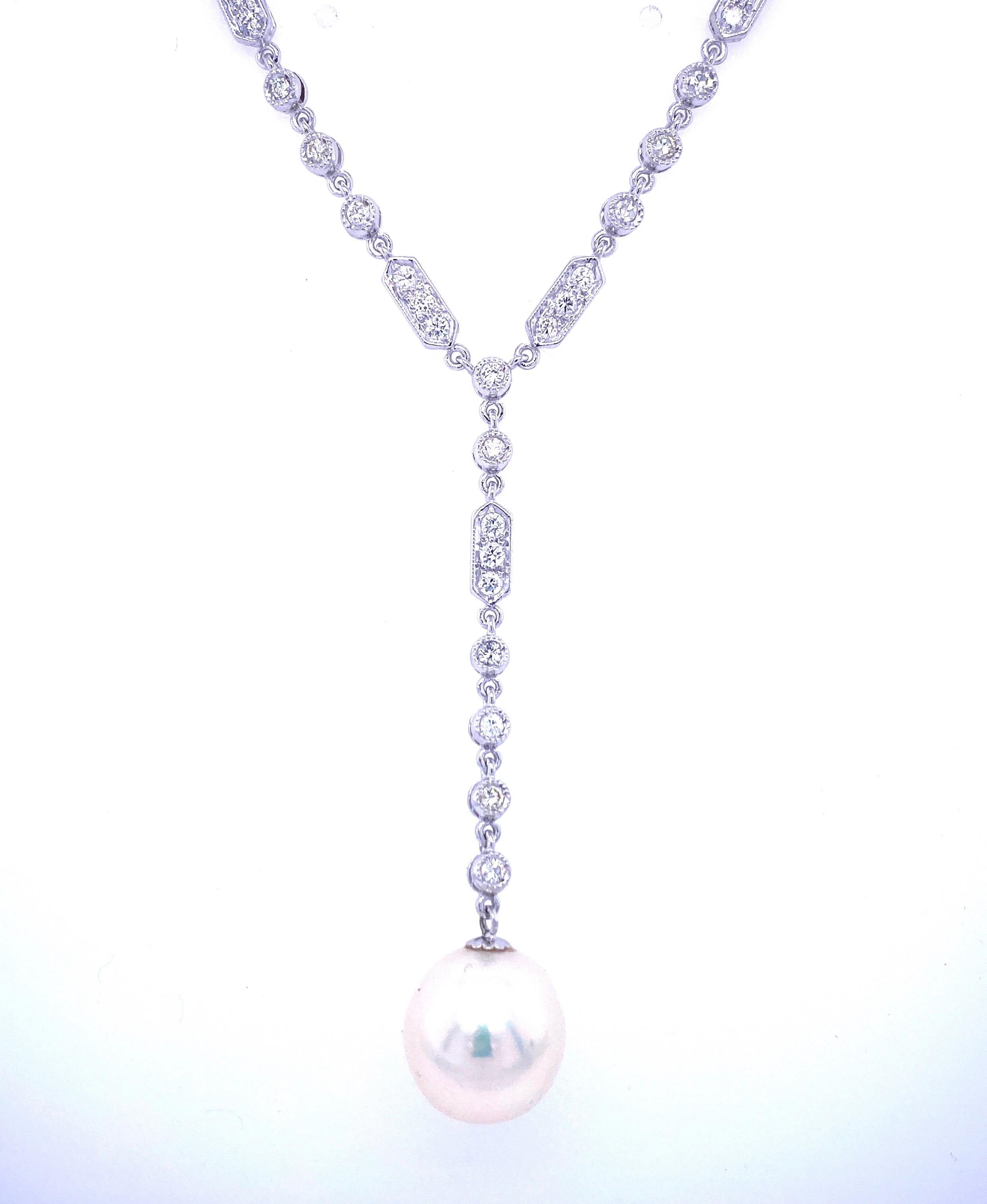 Old Mine Cut Art Deco Diamond Pearl Necklace Pendant For Sale