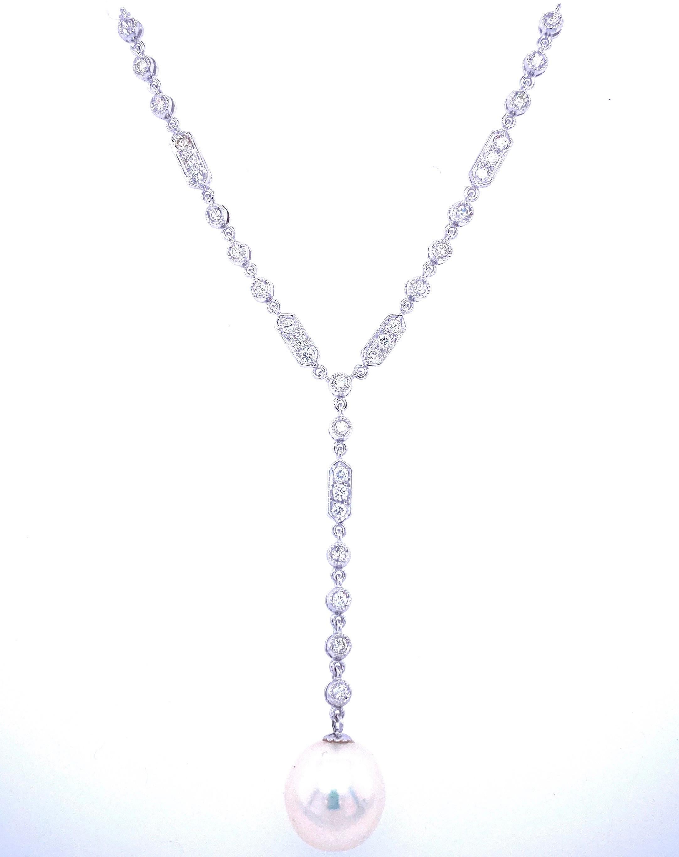 Art Deco Diamant-Perlen-Halskette mit Anhänger (Alteuropäischer Brillantschliff) im Angebot