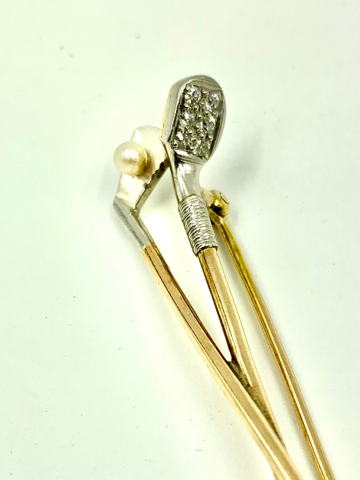 Art Deco Diamond, Pearl, Platinum, 14k Yellow Gold Golf Clubs Pin, 1920's In Good Condition In New York, NY