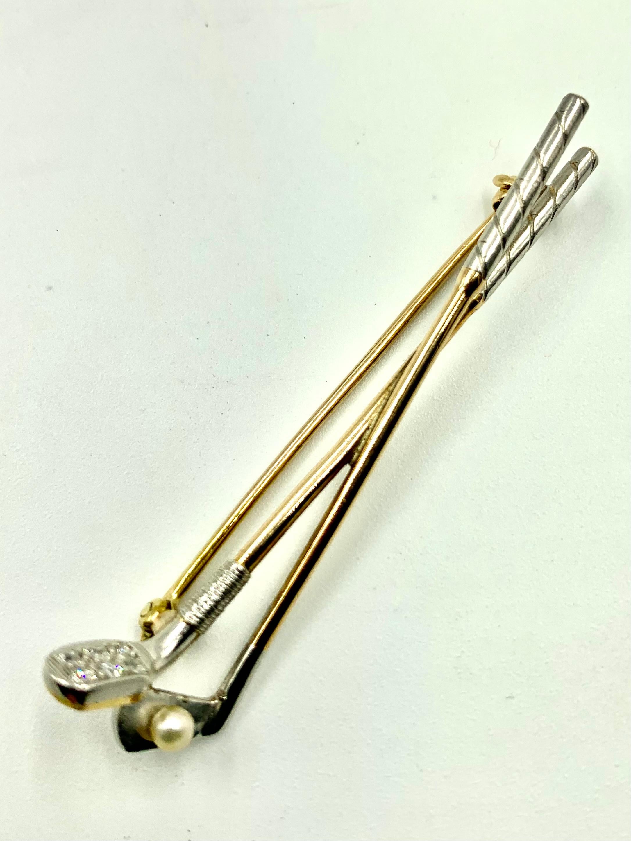 Women's or Men's Art Deco Diamond, Pearl, Platinum, 14k Yellow Gold Golf Clubs Pin, 1920's