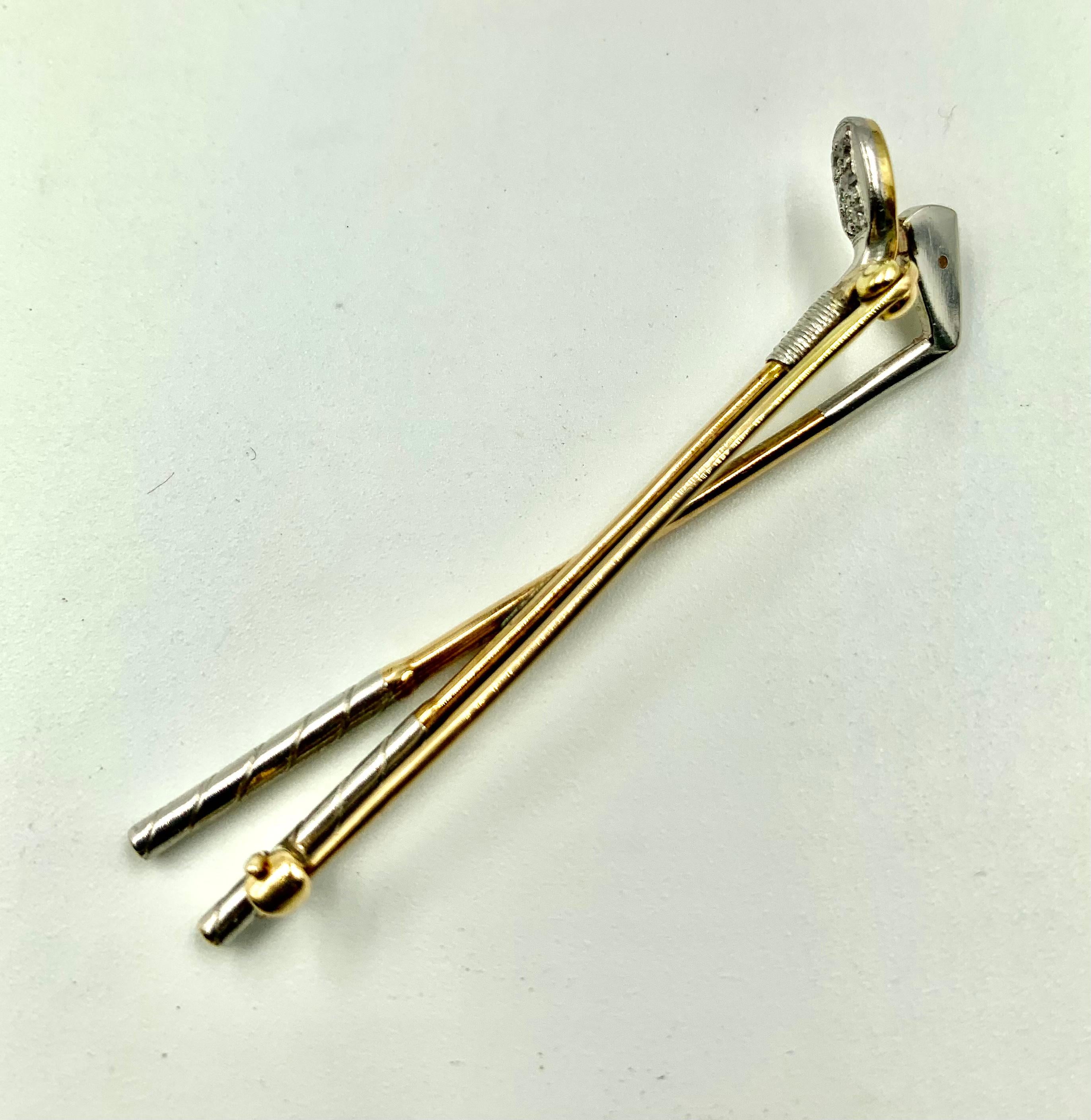 Art Deco Diamond, Pearl, Platinum, 14k Yellow Gold Golf Clubs Pin, 1920's 1