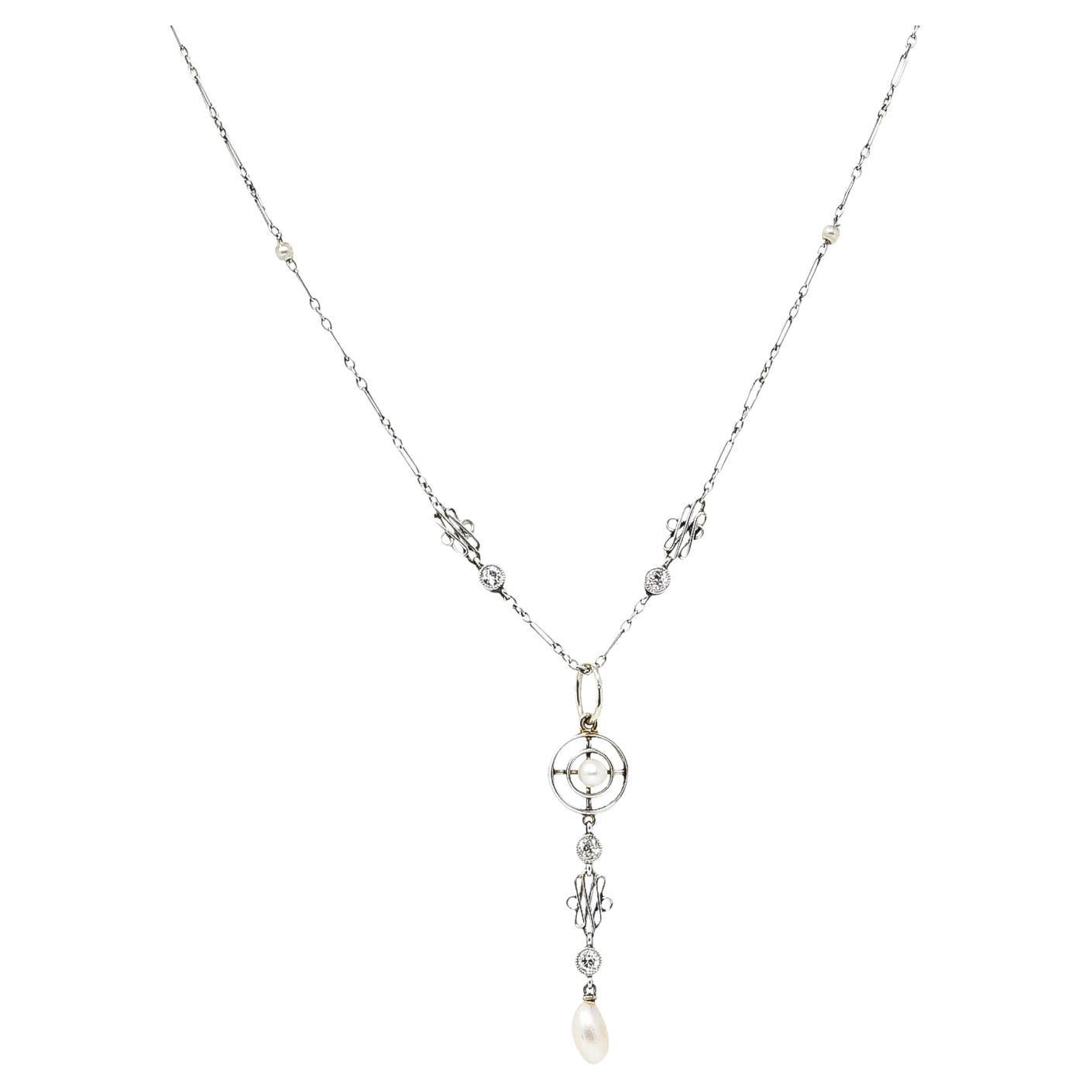 Edwardian Emerald Diamond Platinum Drop Pendant Necklace For Sale at