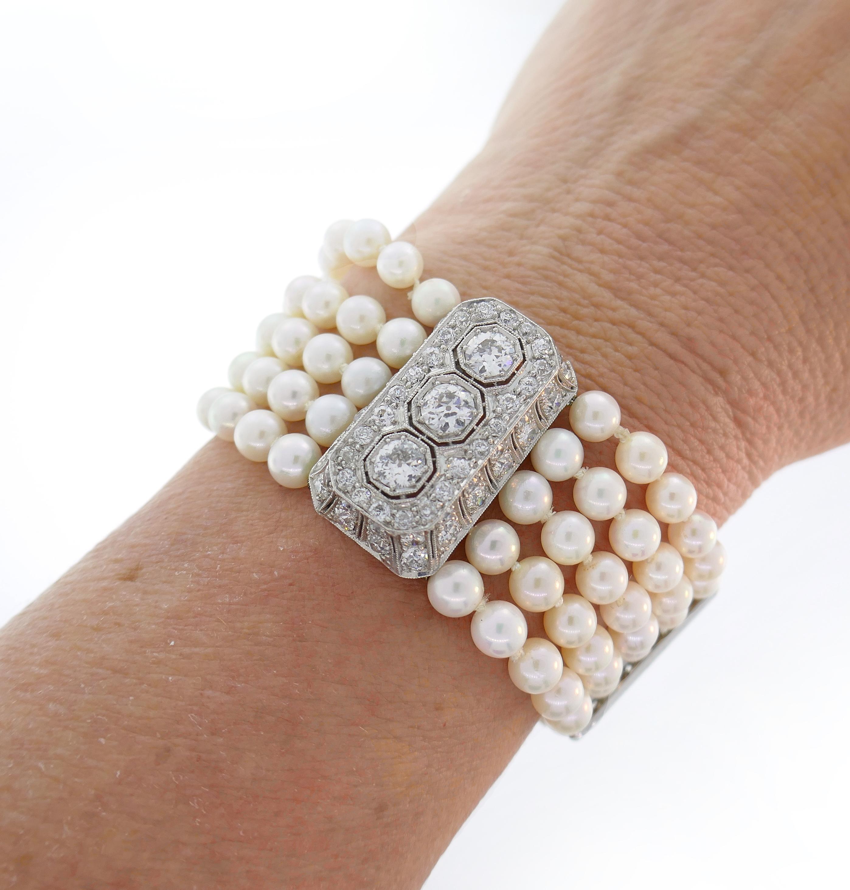 Gorgeous bracelet featuring five-strand Akoya pearl with two  platinum bars set with diamonds and culminating with an elevated platinum bar all studded with diamonds. Feminine, elegant and timeless, the bracelet is a great addition to your jewelry
