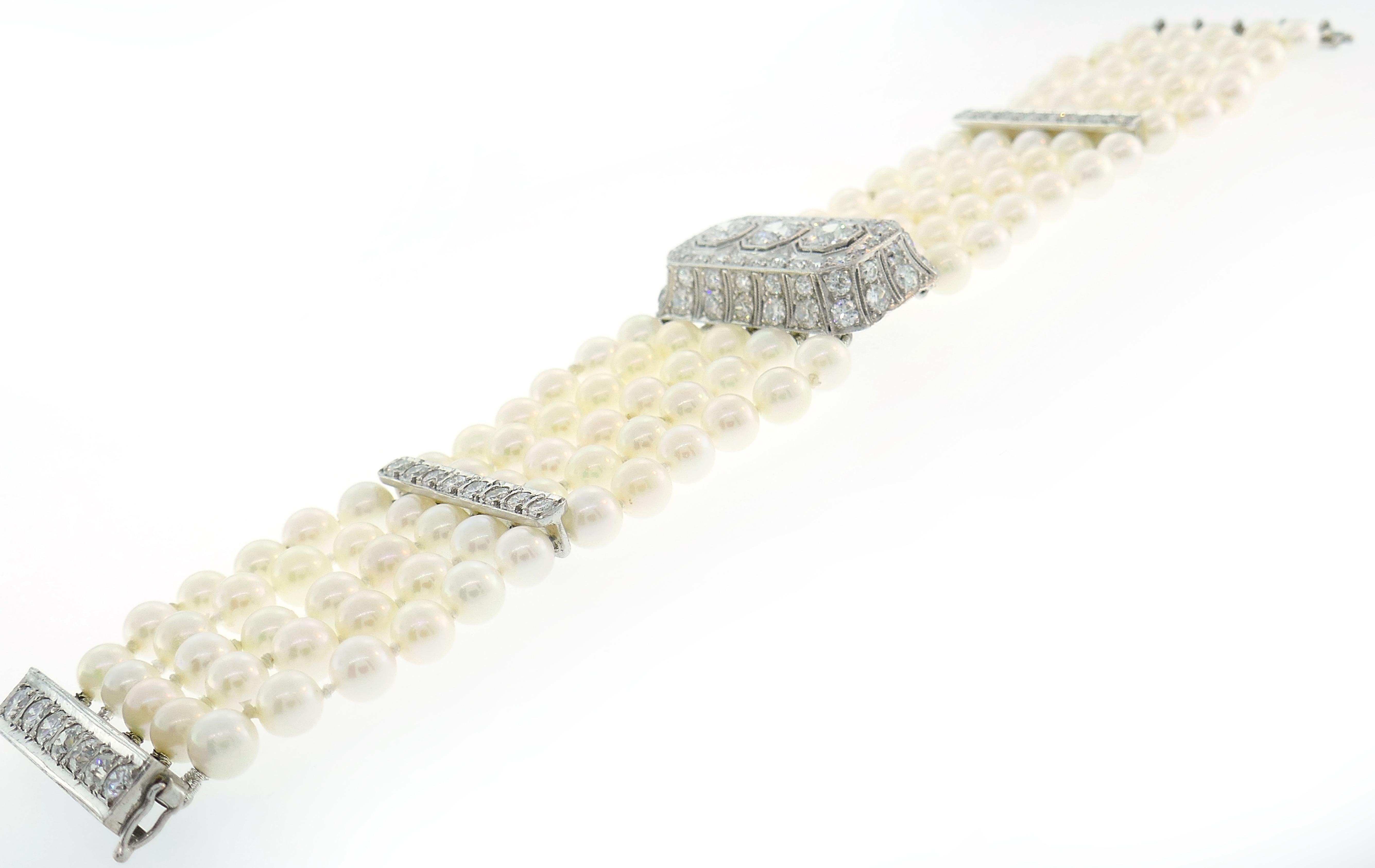 Old European Cut Art Deco Diamond Pearl Platinum Strand Bracelet, 1930s