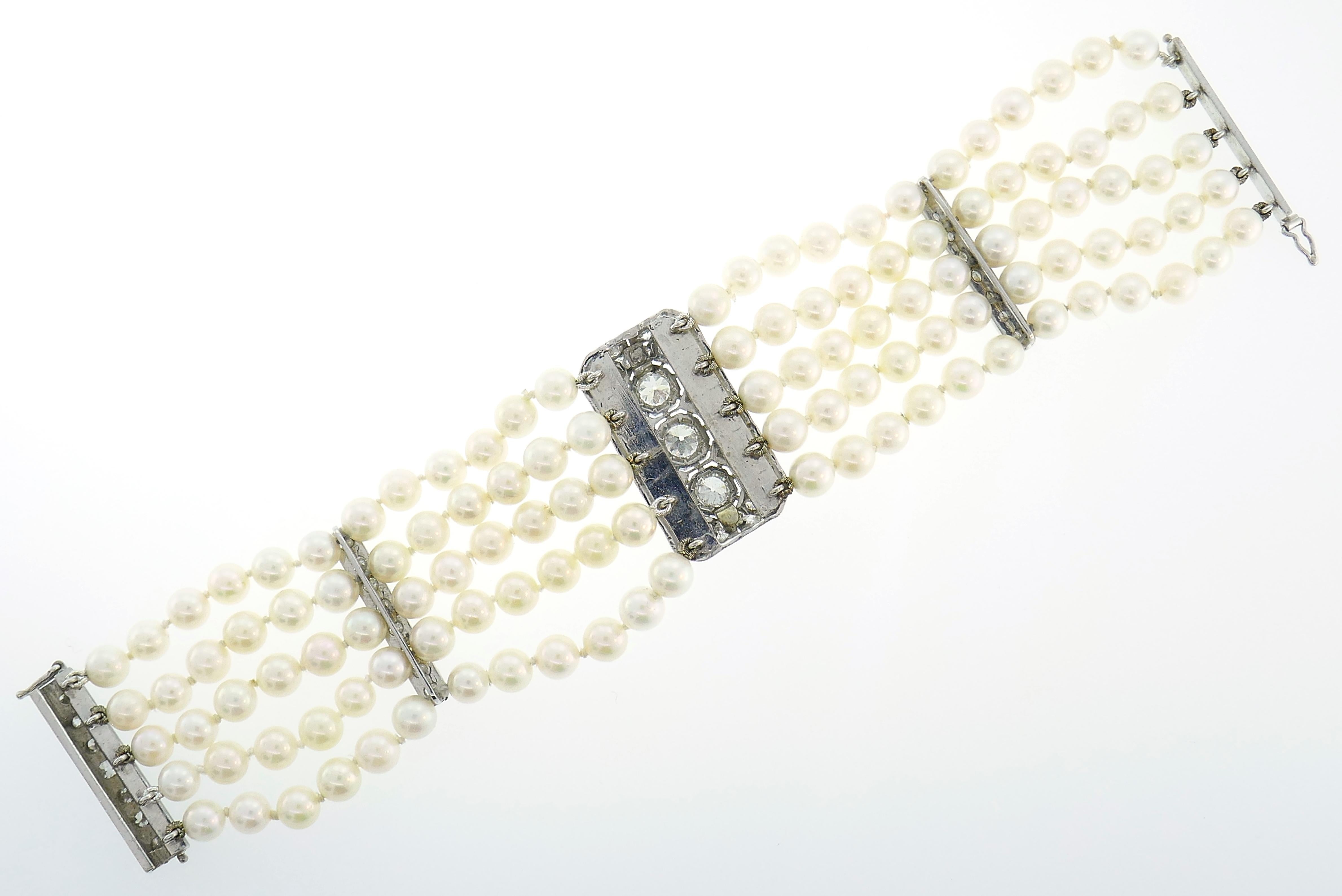 Women's Art Deco Diamond Pearl Platinum Strand Bracelet, 1930s