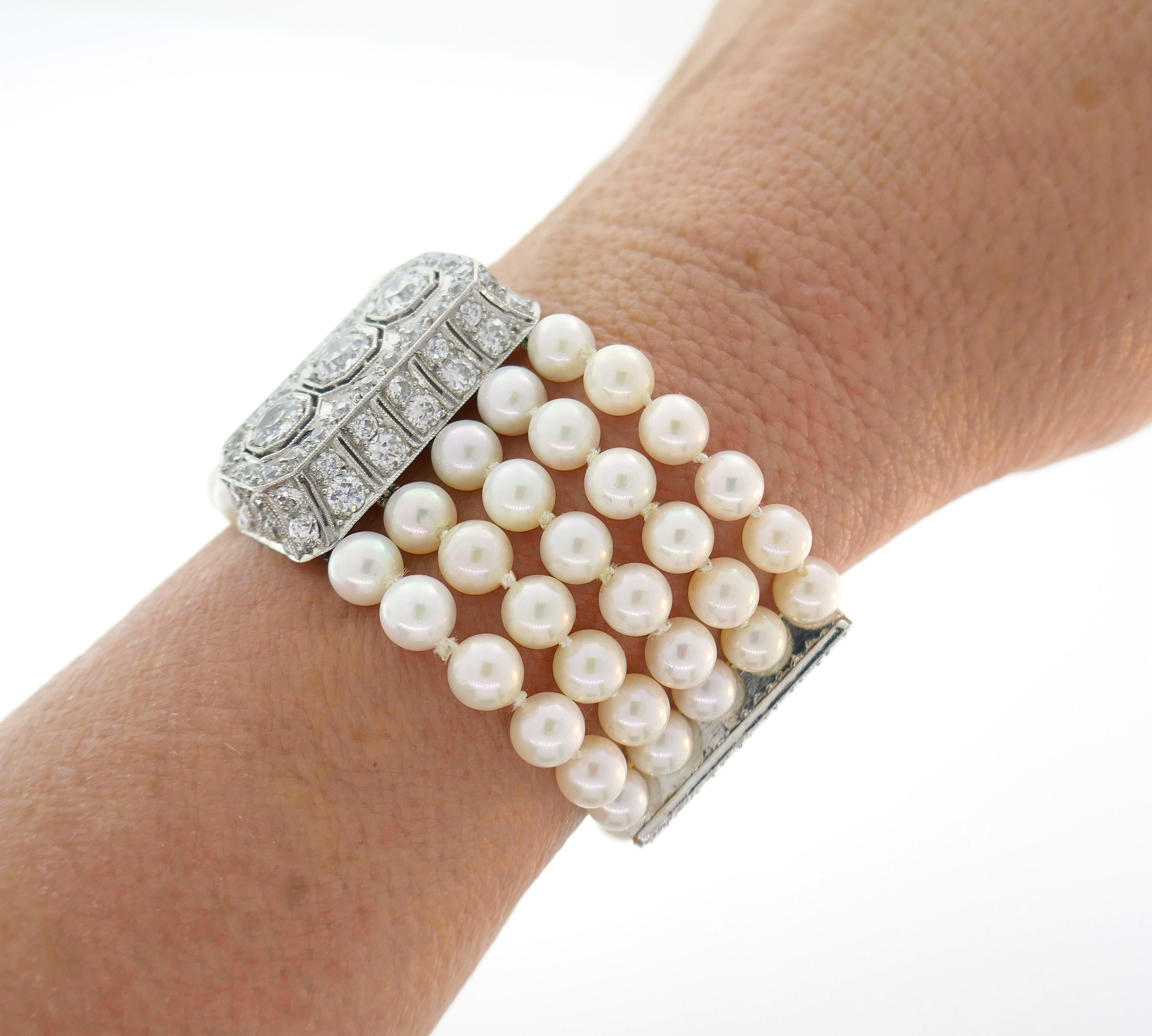 Art Deco Diamond Pearl Platinum Strand Bracelet, 1930s 2