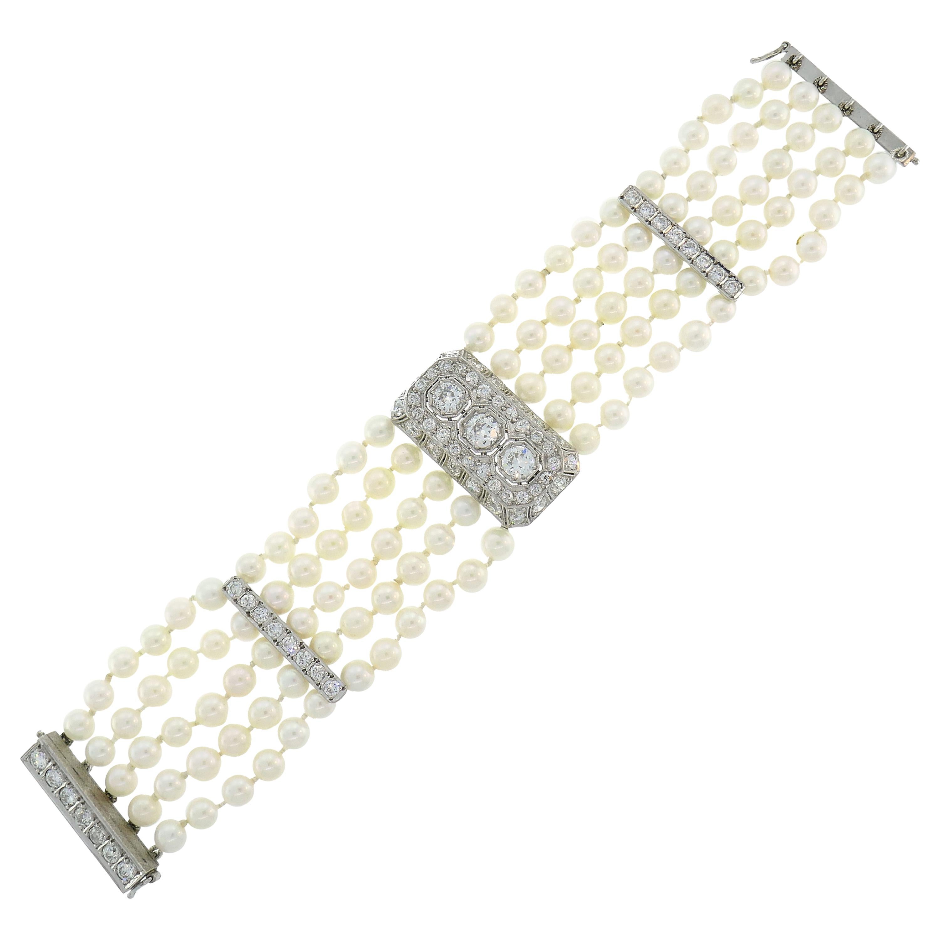 Art Deco Diamond Pearl Platinum Strand Bracelet, 1930s