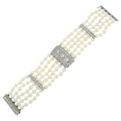 Vintage Art Deco Diamond Pearl Platinum Strand Bracelet, 1930s