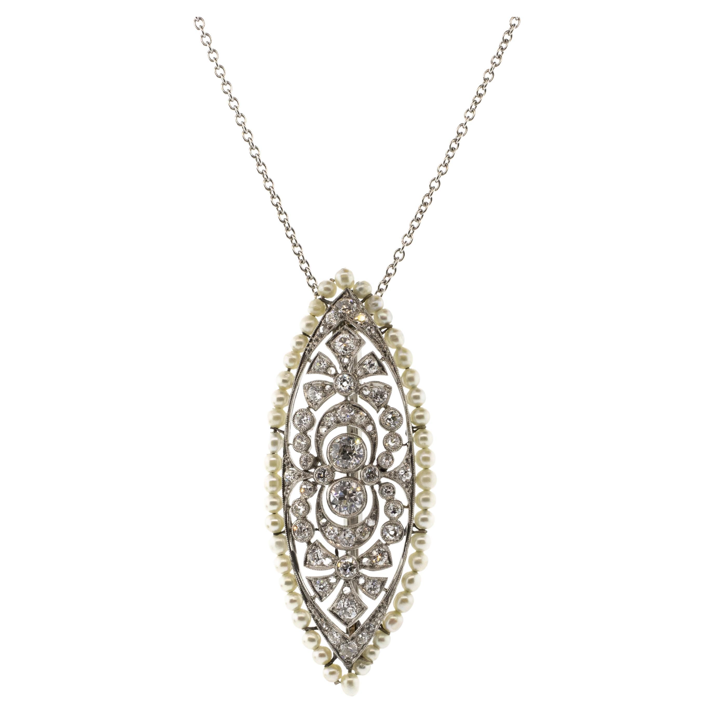 Art Deco Diamant & Perle Platin & Gelbgold Brosche Halskette