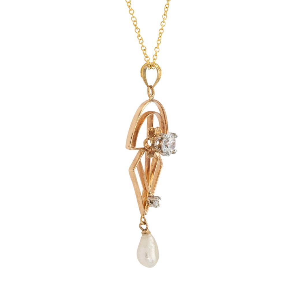 Old European Cut Art Deco Diamond Pearl Yellow Gold Lavalier