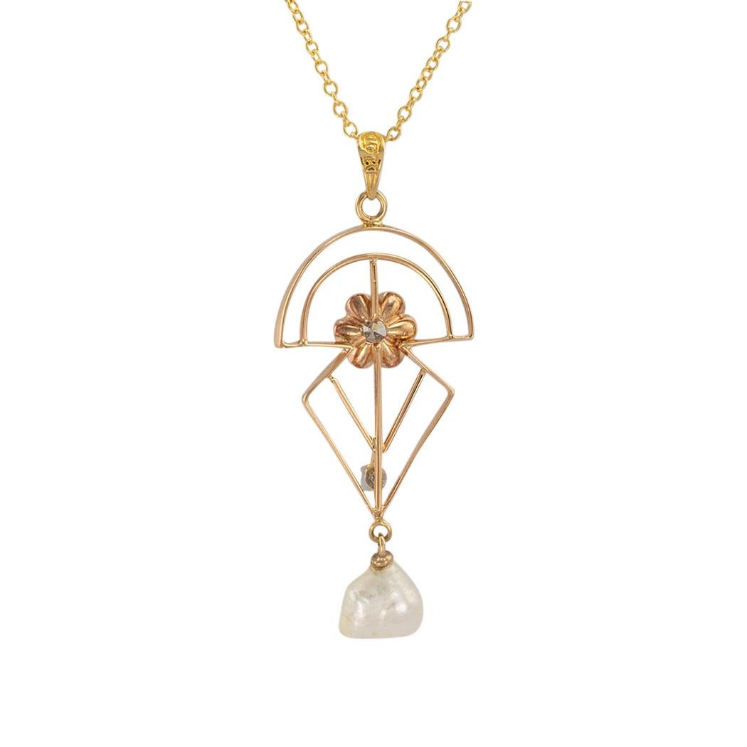 Art Deco Diamond Pearl Yellow Gold Lavalier In Good Condition In Los Angeles, CA