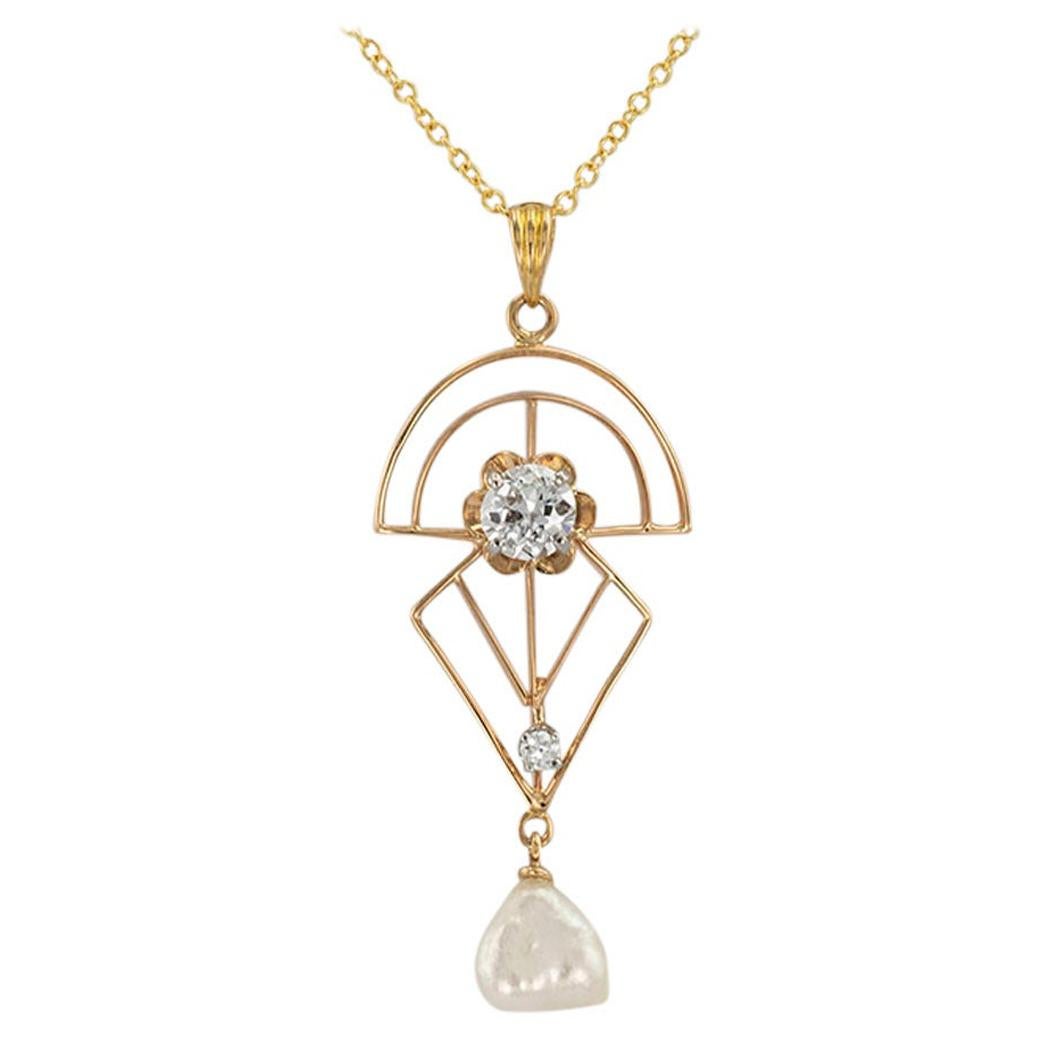 Art Deco Diamond Pearl Yellow Gold Lavalier