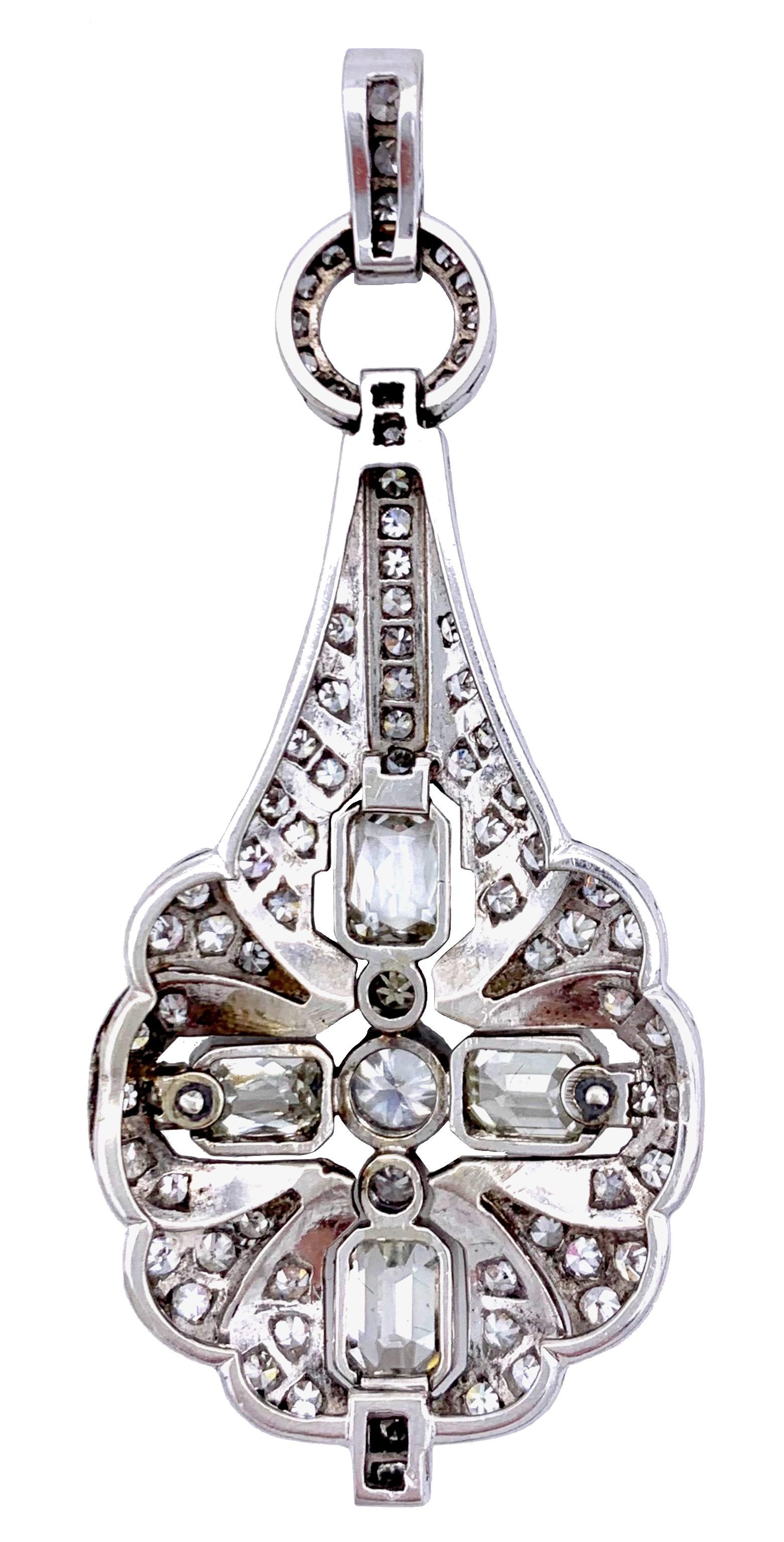 Emerald Cut Art Deco Diamond Pendant Necklace 14 Karat White Gold