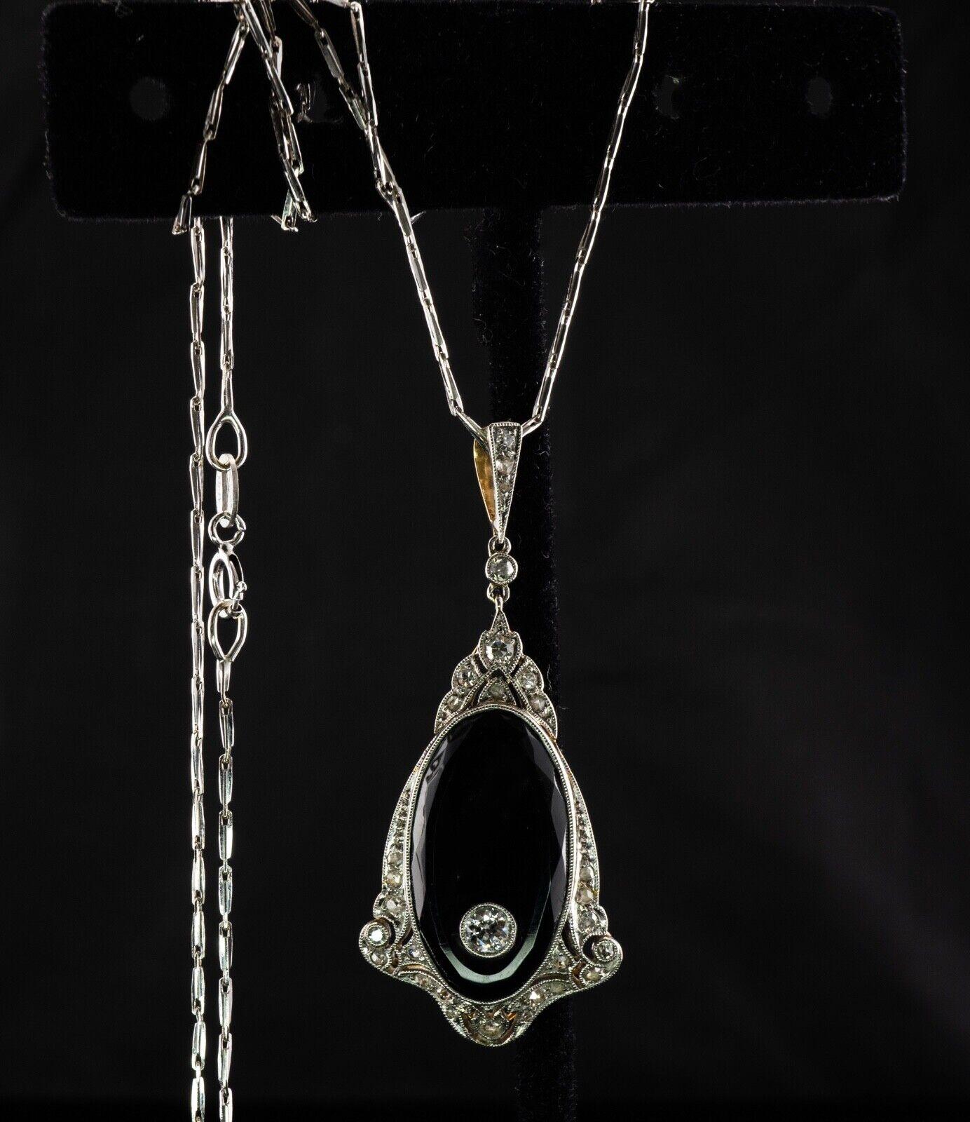 Art Deco Diamond Pendant Necklace Onyx 14K Gold For Sale 5