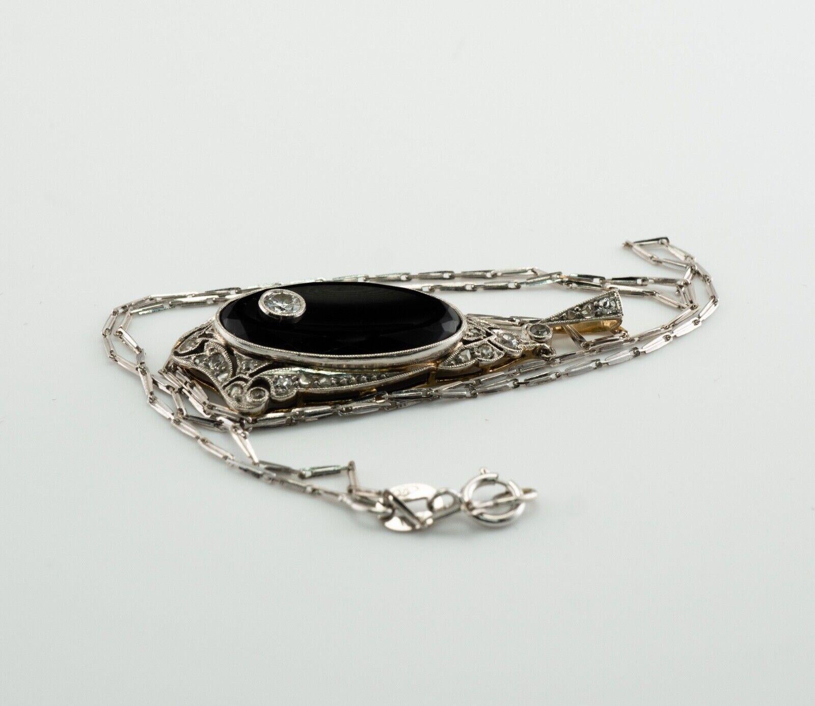 Art Deco Diamond Pendant Necklace Onyx 14K Gold For Sale 6