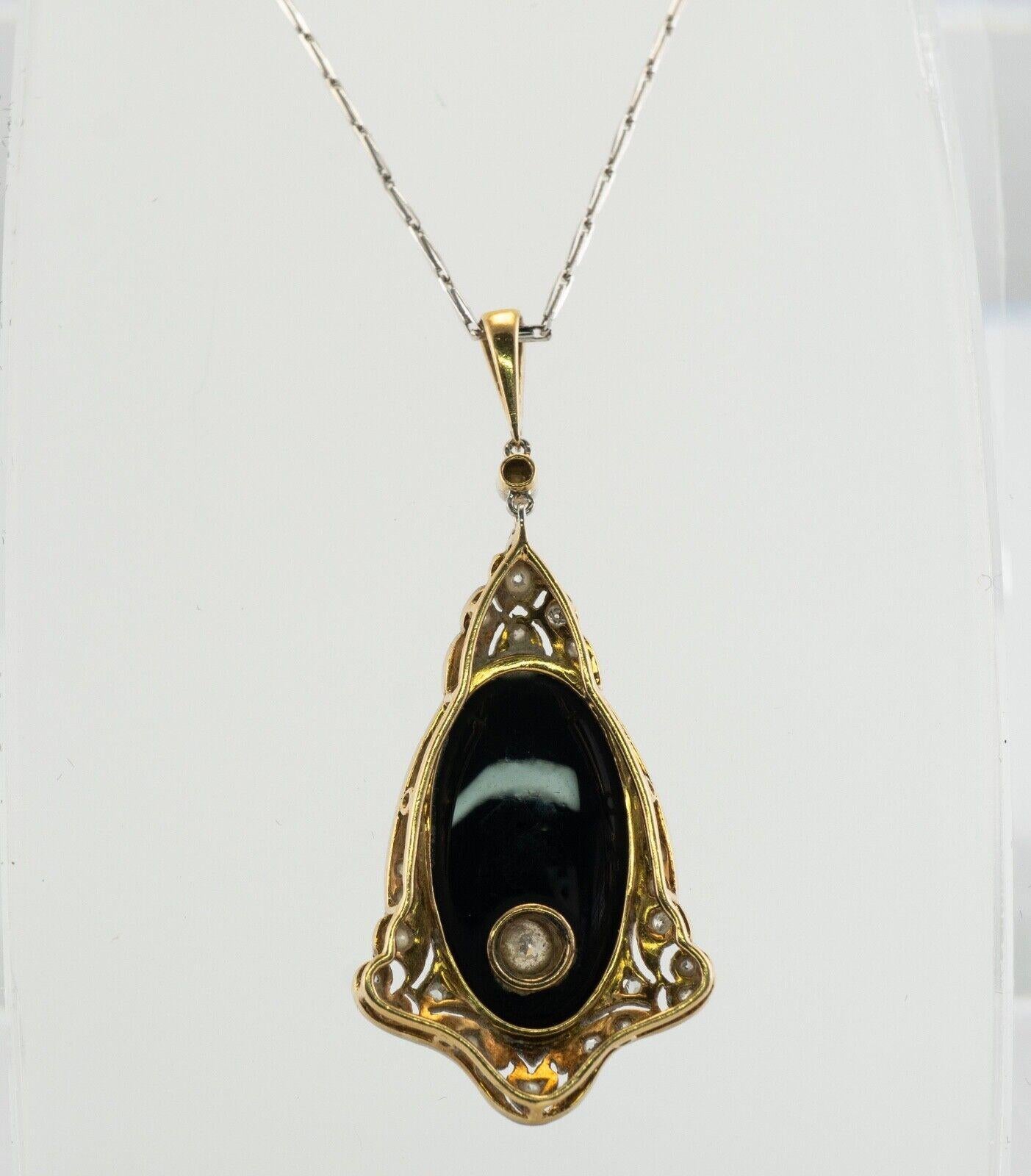 Women's Art Deco Diamond Pendant Necklace Onyx 14K Gold For Sale