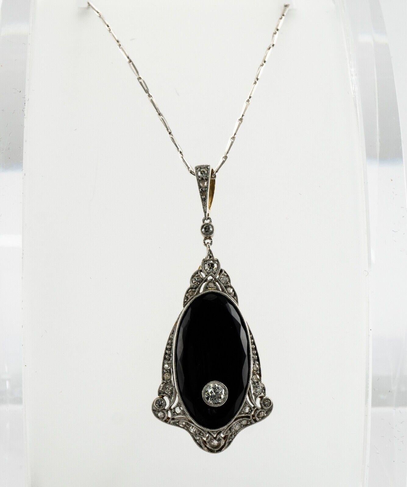 Art Deco Diamond Pendant Necklace Onyx 14K Gold For Sale 1