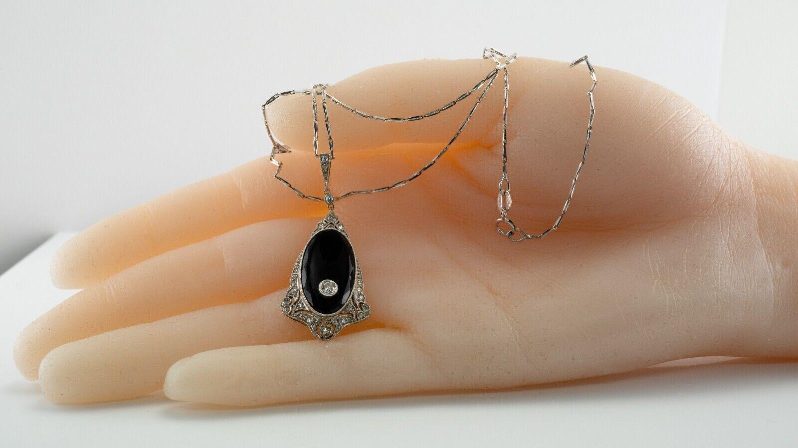 Art Deco Diamond Pendant Necklace Onyx 14K Gold For Sale 3