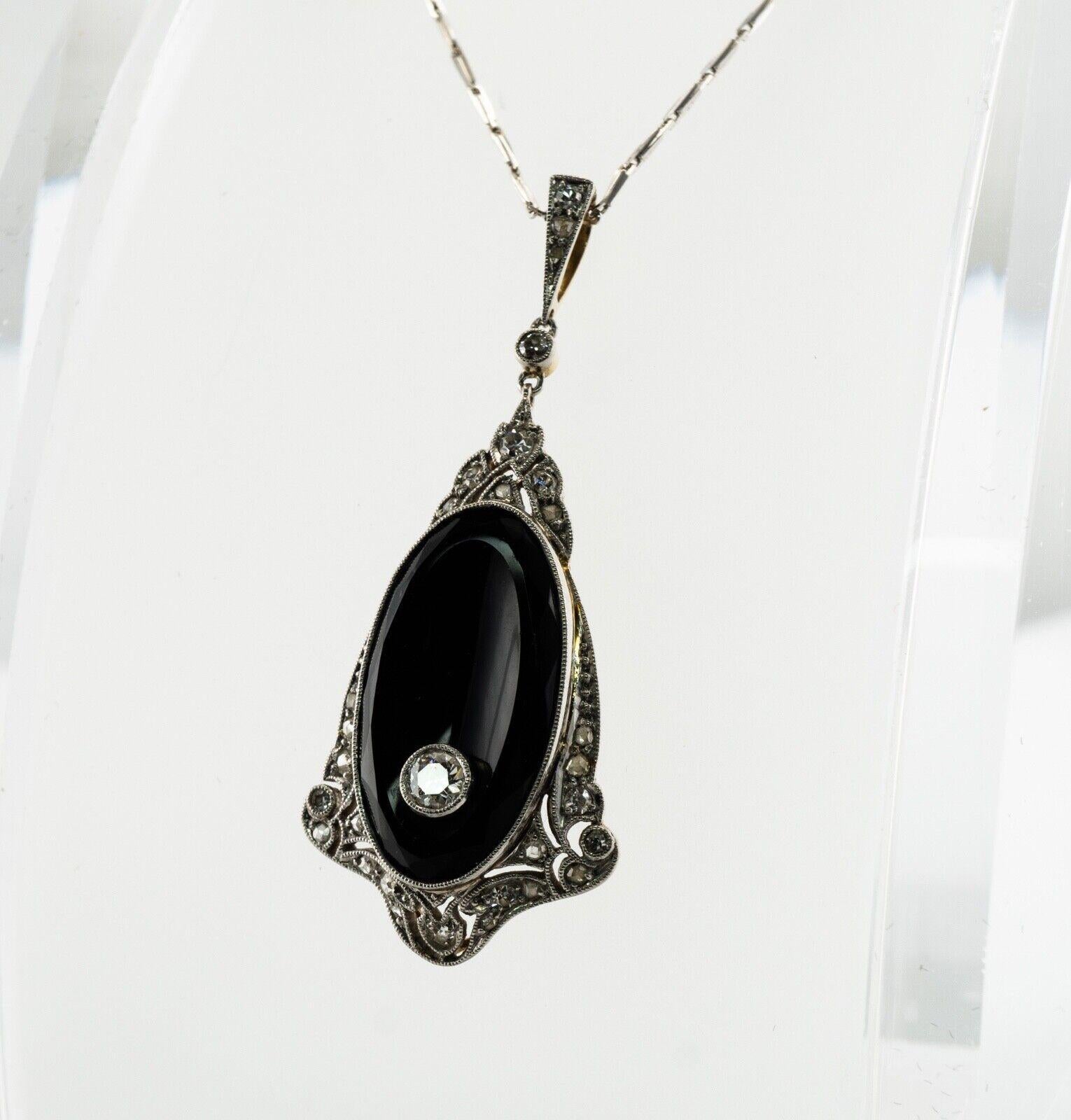 Art Deco Diamond Pendant Necklace Onyx 14K Gold For Sale 4