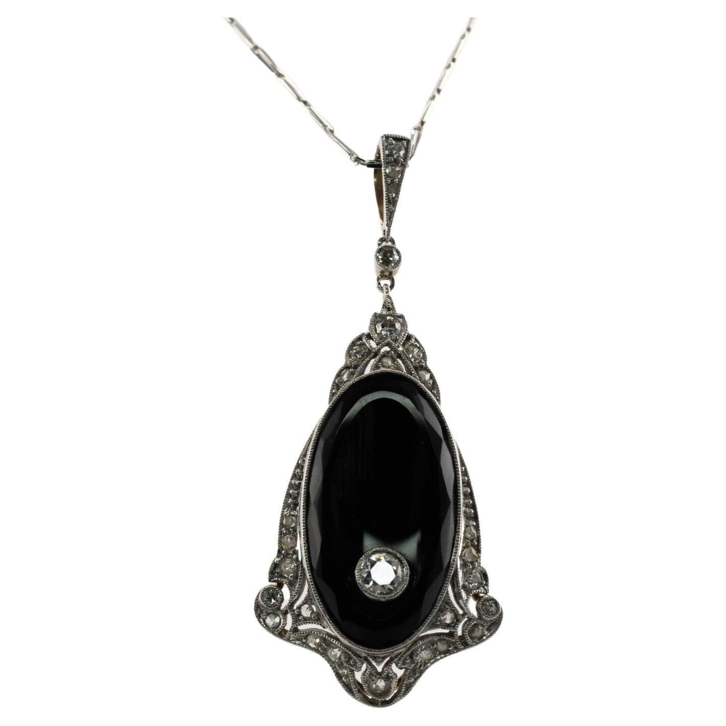 Art Deco Diamond Pendant Necklace Onyx 14K Gold For Sale