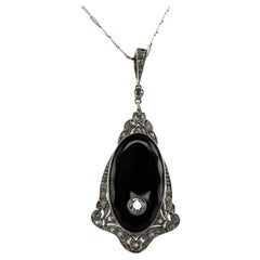 Retro Art Deco Diamond Pendant Necklace Onyx 14K Gold