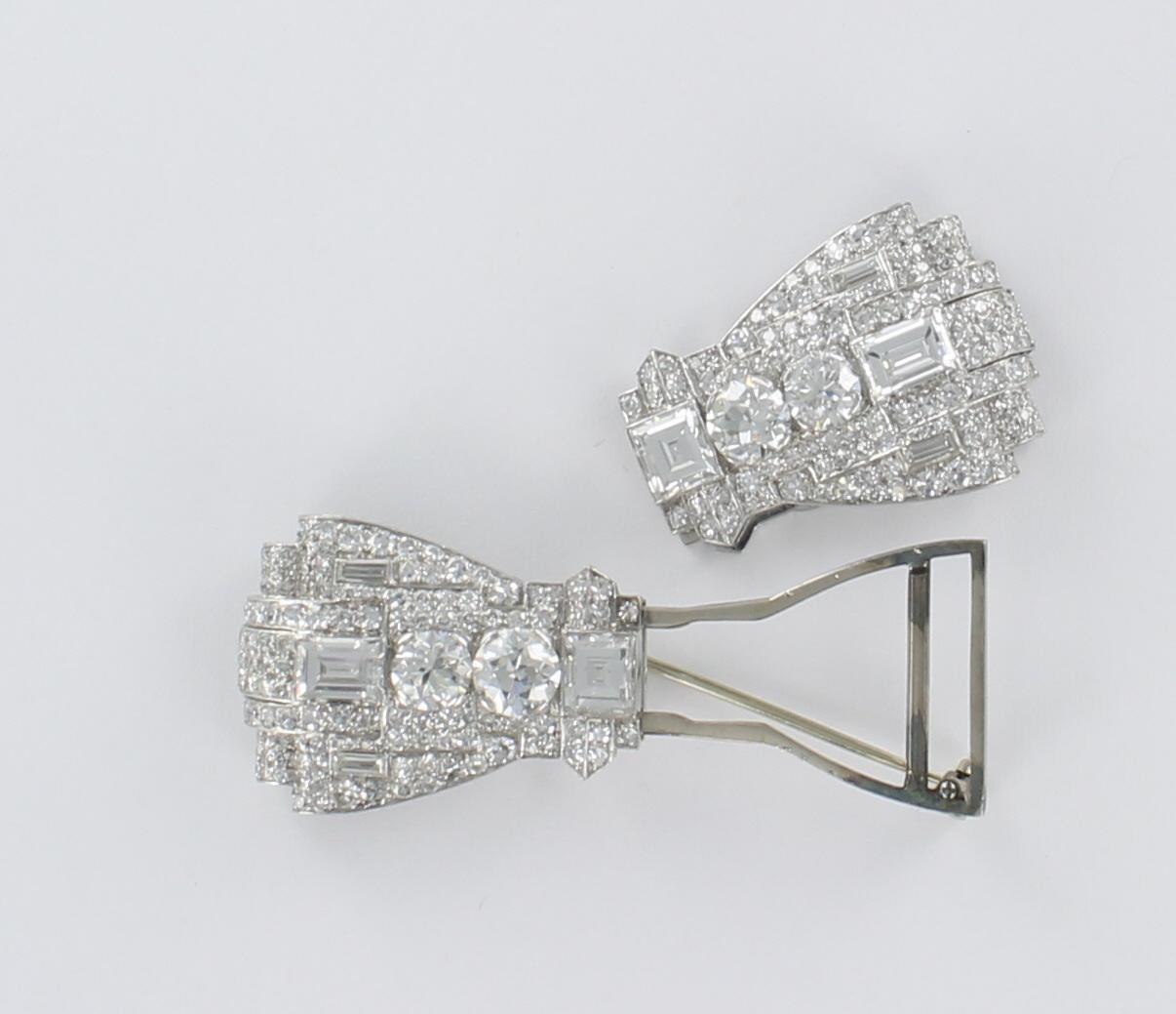 Women's or Men's Art Deco Diamond Pin, Clip in Platinum For Sale