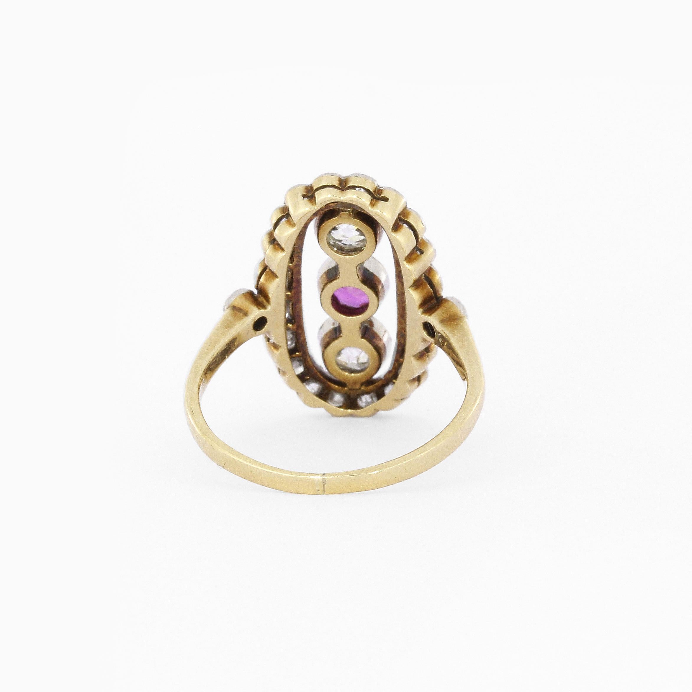 Old European Cut Art Deco Diamond Pink Sapphire Ring in Yellow Gold For Sale
