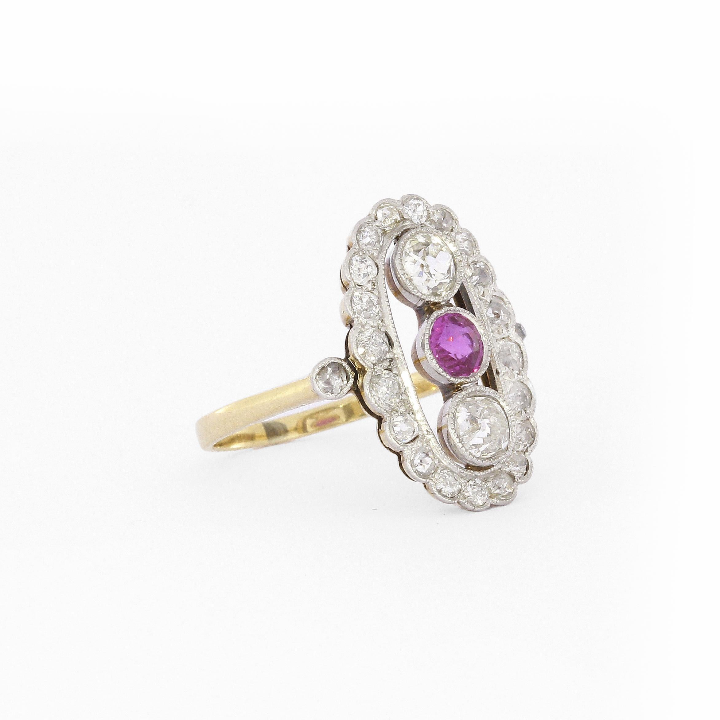 Art Deco Diamond Pink Sapphire Ring in Yellow Gold For Sale 1