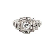 Art Deco Diamond Plaque Filigree Engagement Ring