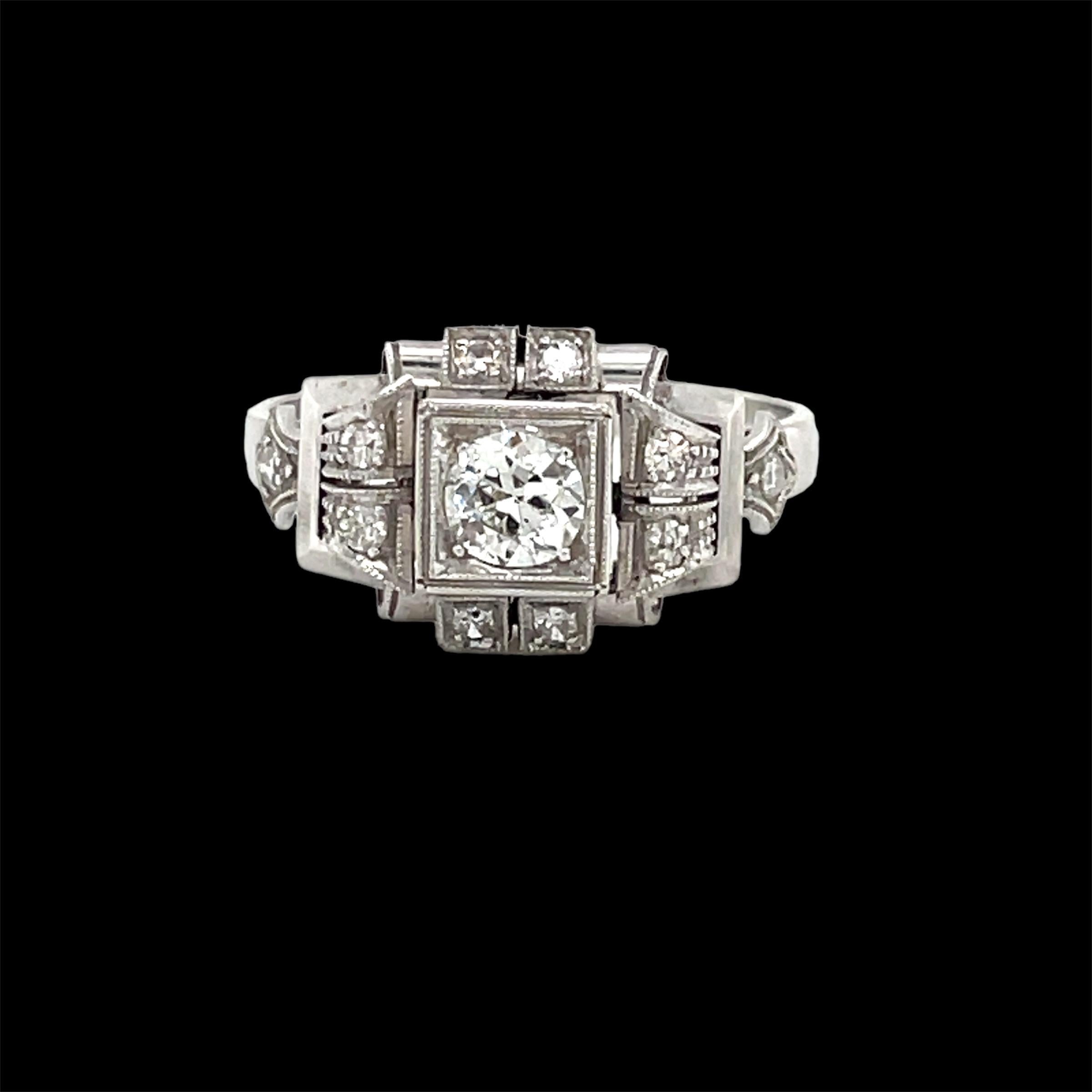 Old Mine Cut Art Deco Diamond Plaque Filigree Engagement Ring For Sale