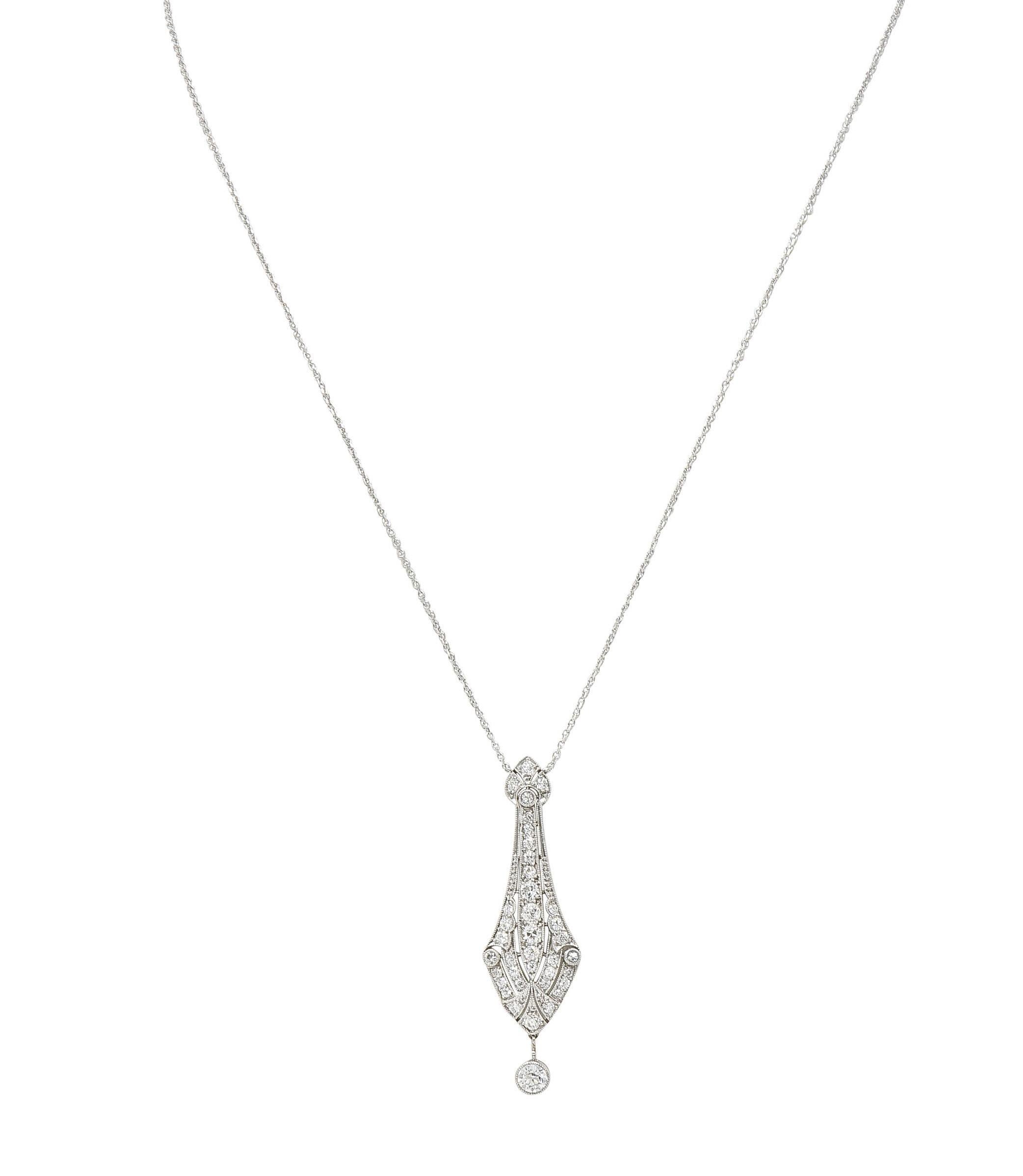 Art Deco Diamond Platinum 14 Karat Gold Pendant Vintage Drop Necklace For Sale 5