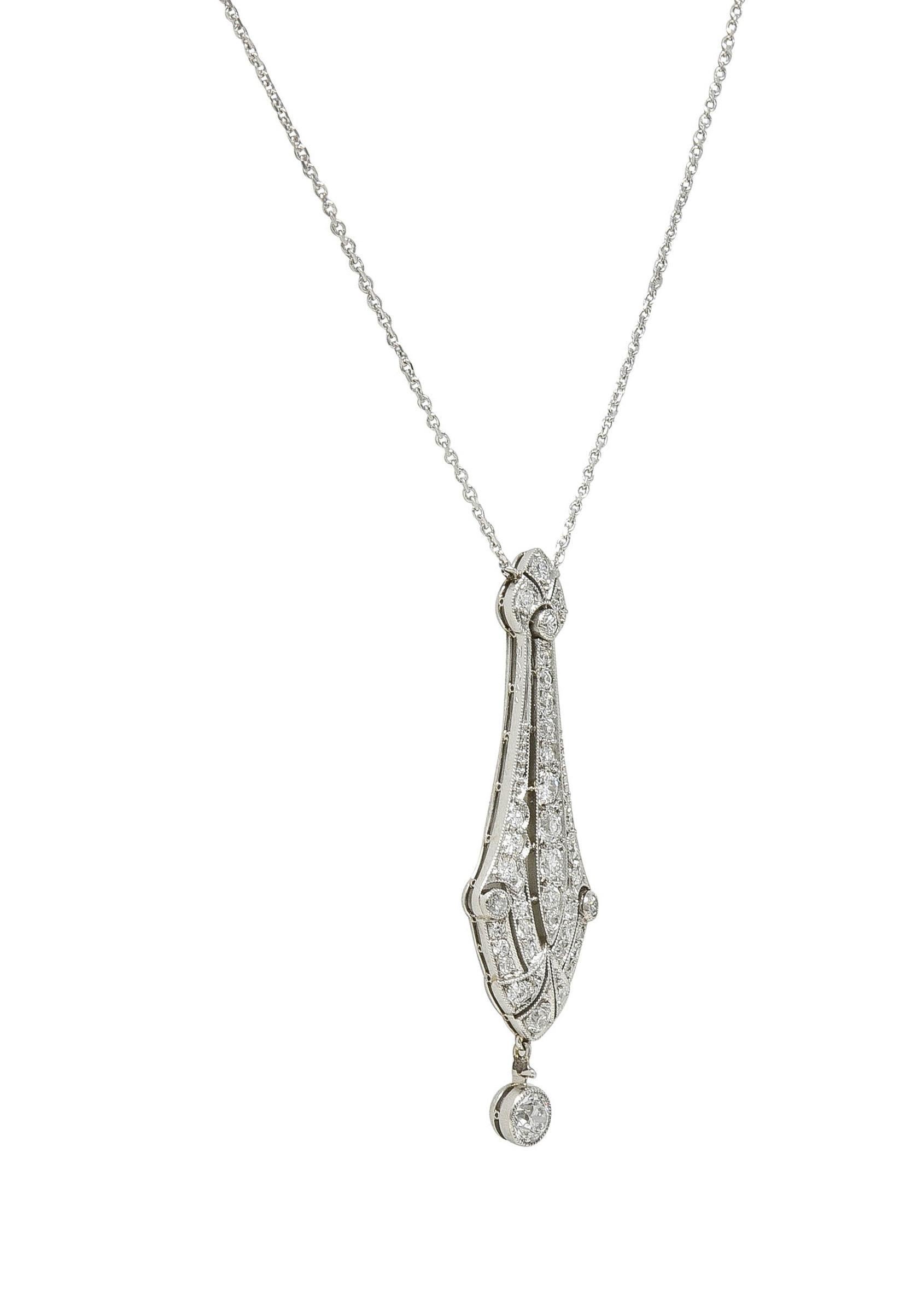 Women's or Men's Art Deco Diamond Platinum 14 Karat Gold Pendant Vintage Drop Necklace For Sale