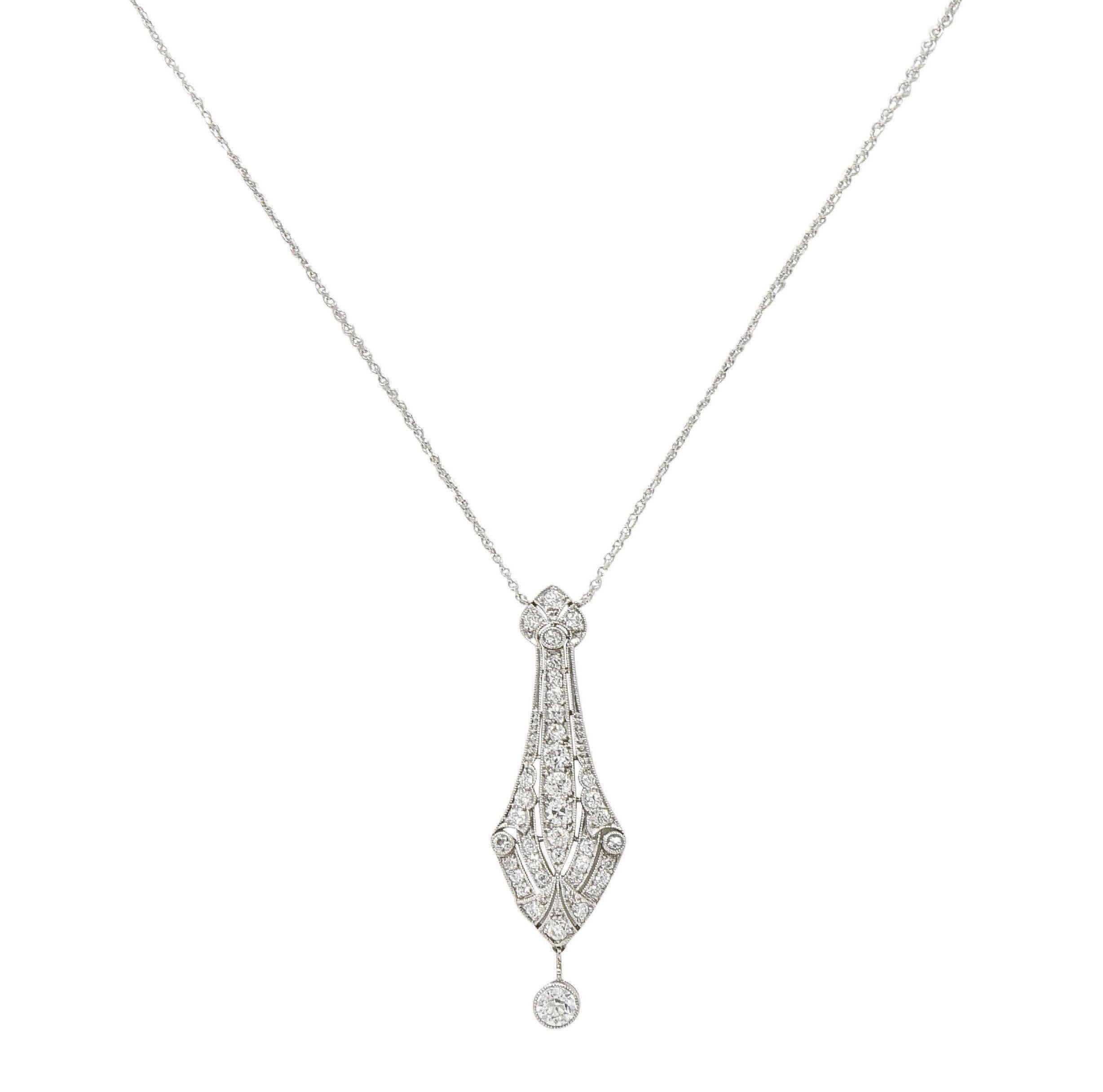 Art Deco Diamond Platinum 14 Karat Gold Pendant Vintage Drop Necklace For Sale 1