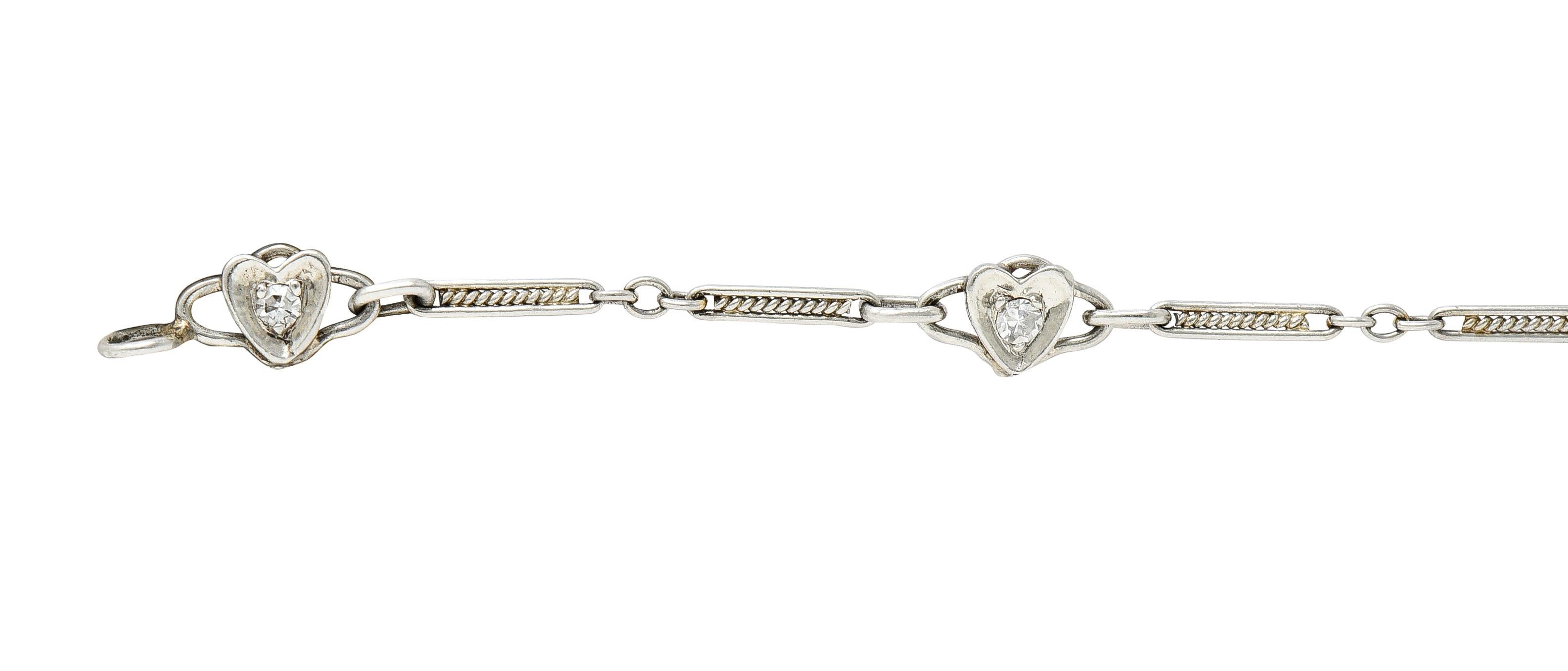 Single Cut Art Deco Diamond Platinum 14 Karat White Gold Heart Wedding Engagement Bracelet For Sale