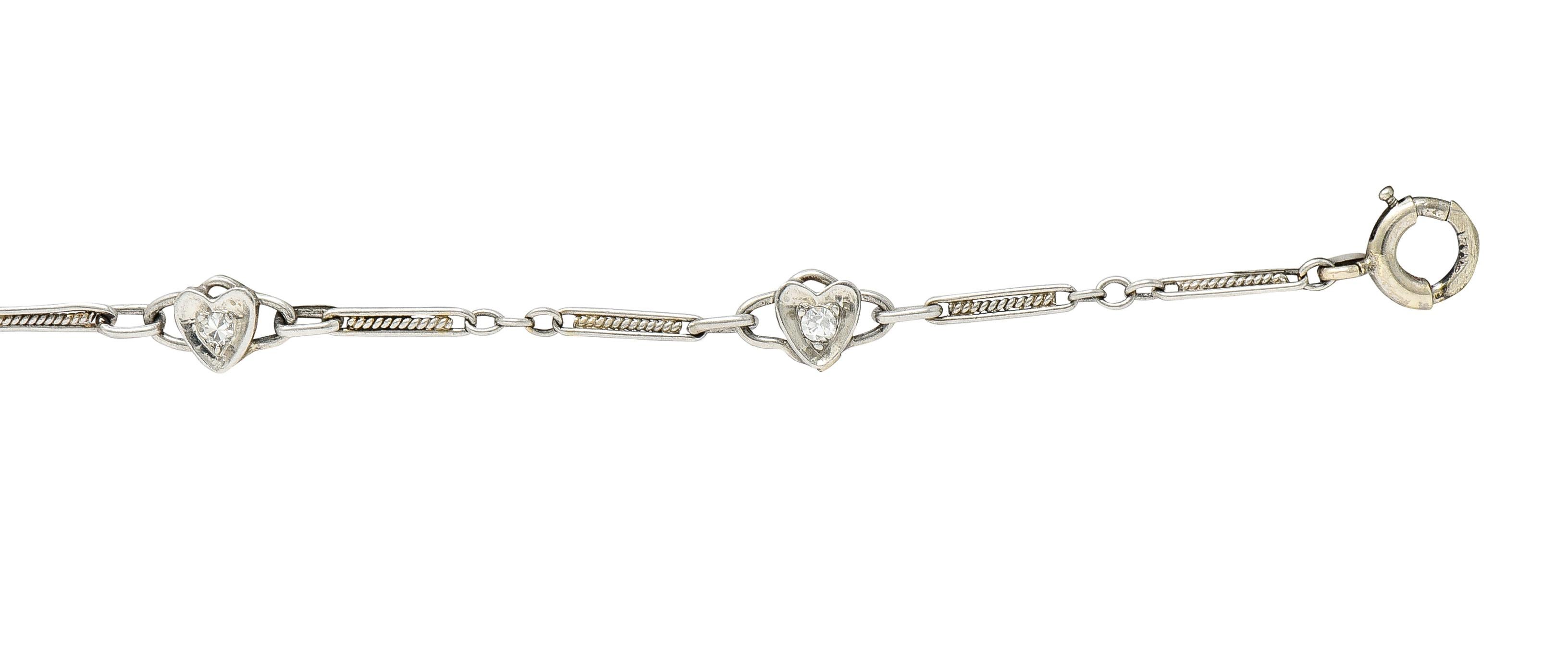 Women's or Men's Art Deco Diamond Platinum 14 Karat White Gold Heart Wedding Engagement Bracelet For Sale