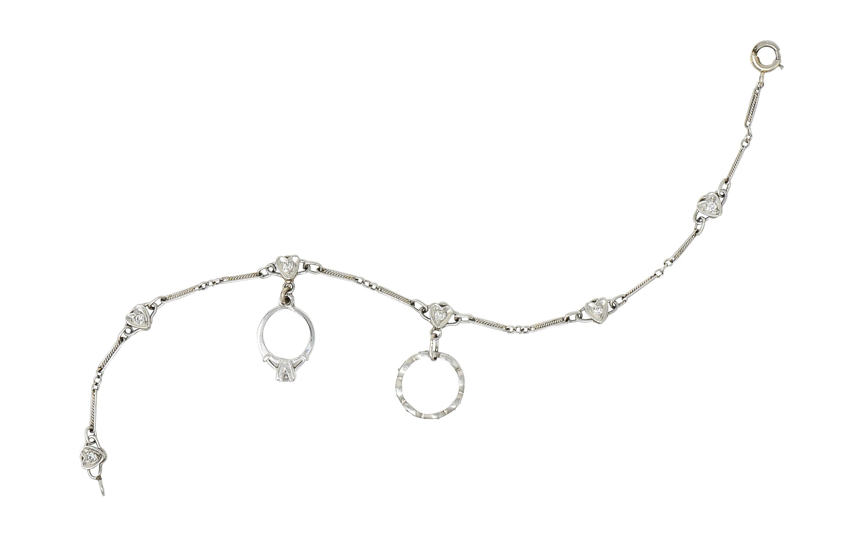 Art Deco Diamond Platinum 14 Karat White Gold Heart Wedding Engagement Bracelet For Sale 3
