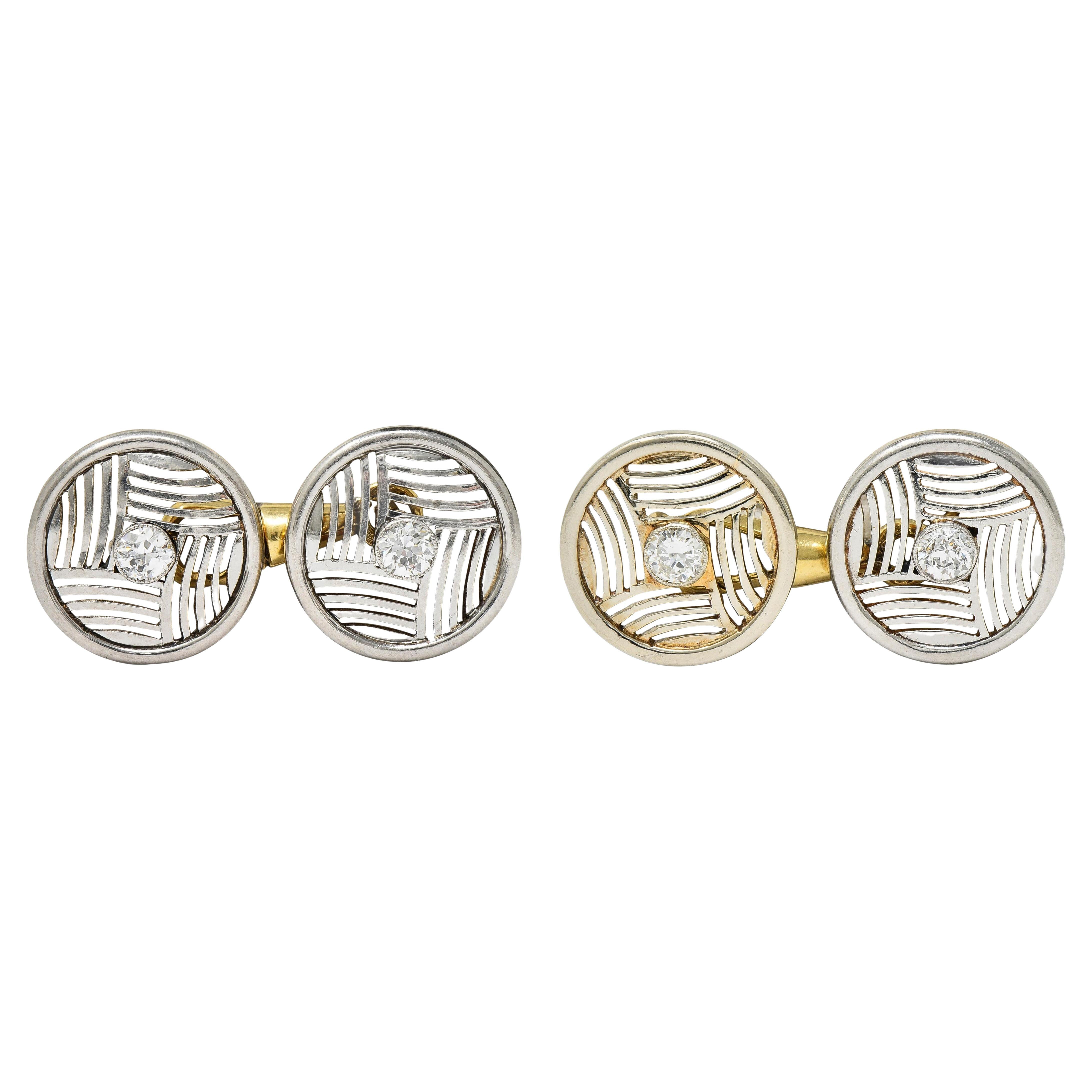 Gemelli Art Deco Diamante Platino Oro Giallo 14 Carati Antico Disco Geometrico