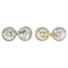 Gemelli Art Deco Diamante Platino Oro Giallo 14 Carati Antico Disco Geometrico