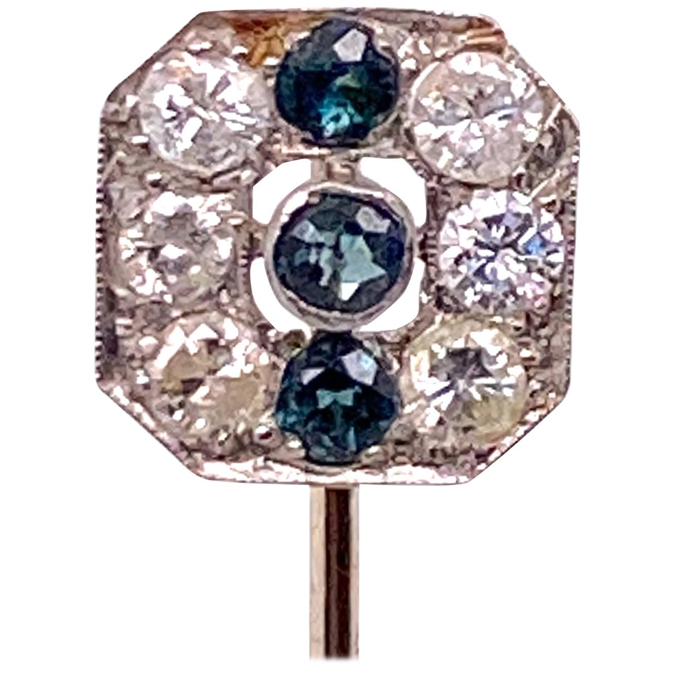Art Deco Diamond Platinum 14 Karat Yellow Gold Stick Pin