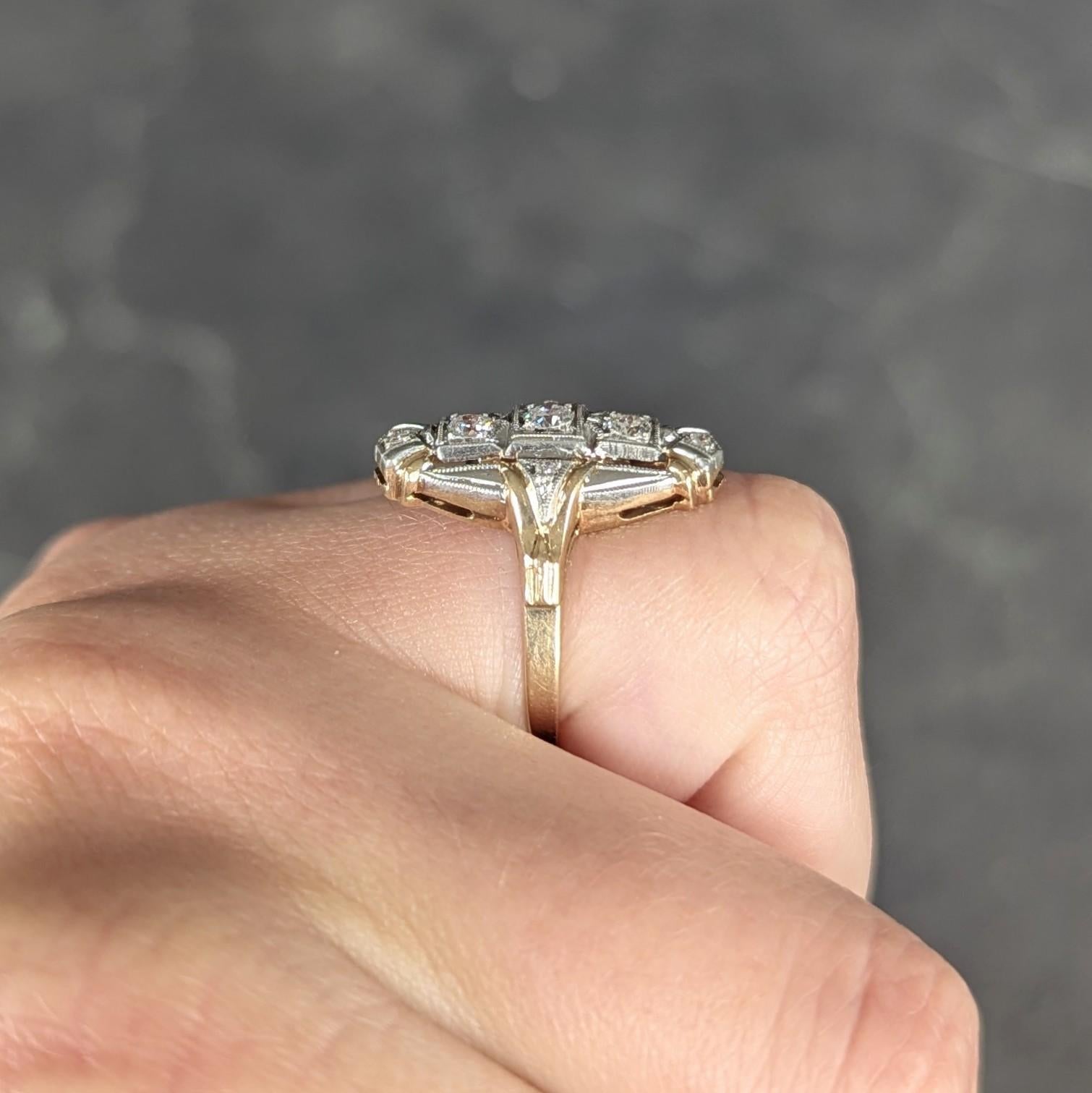 Art Deco Diamant Platin 14 Karat Gelbgold Vintage Navette Dinner Ring im Angebot 4