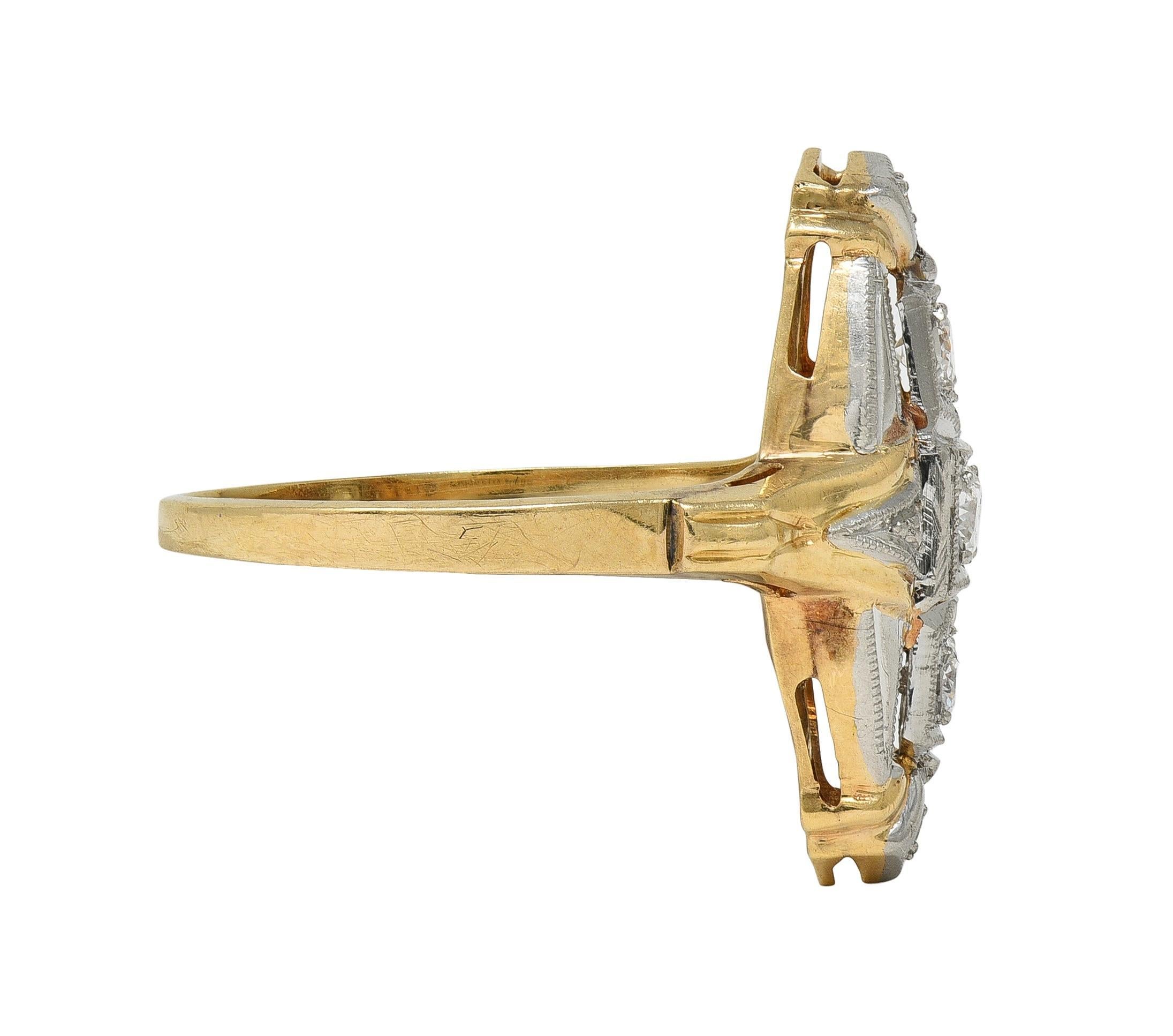 Old European Cut Art Deco Diamond Platinum 14 Karat Yellow Gold Vintage Navette Dinner Ring For Sale