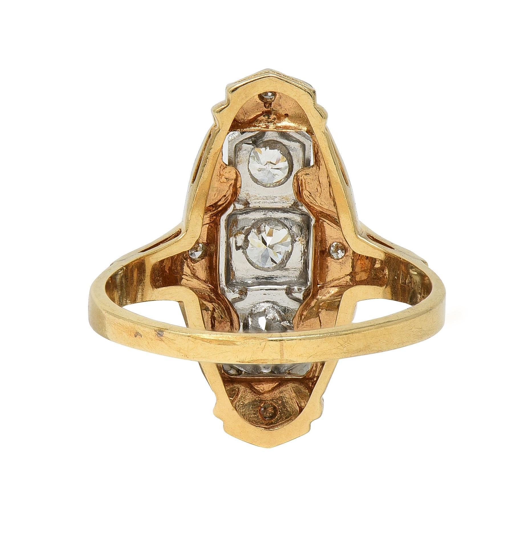 Art Deco Diamond Platinum 14 Karat Yellow Gold Vintage Navette Dinner Ring In Excellent Condition For Sale In Philadelphia, PA