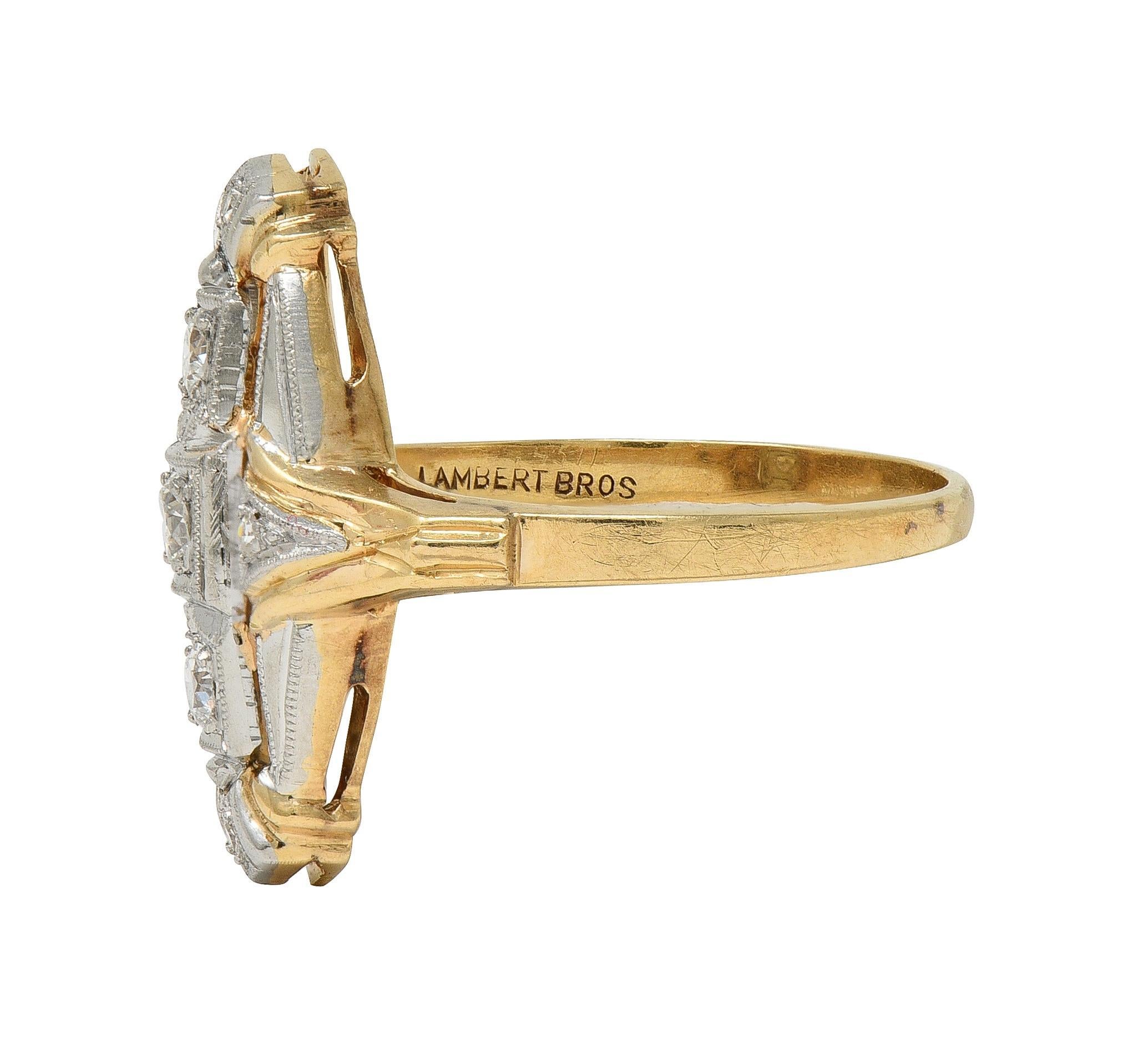 Women's or Men's Art Deco Diamond Platinum 14 Karat Yellow Gold Vintage Navette Dinner Ring For Sale