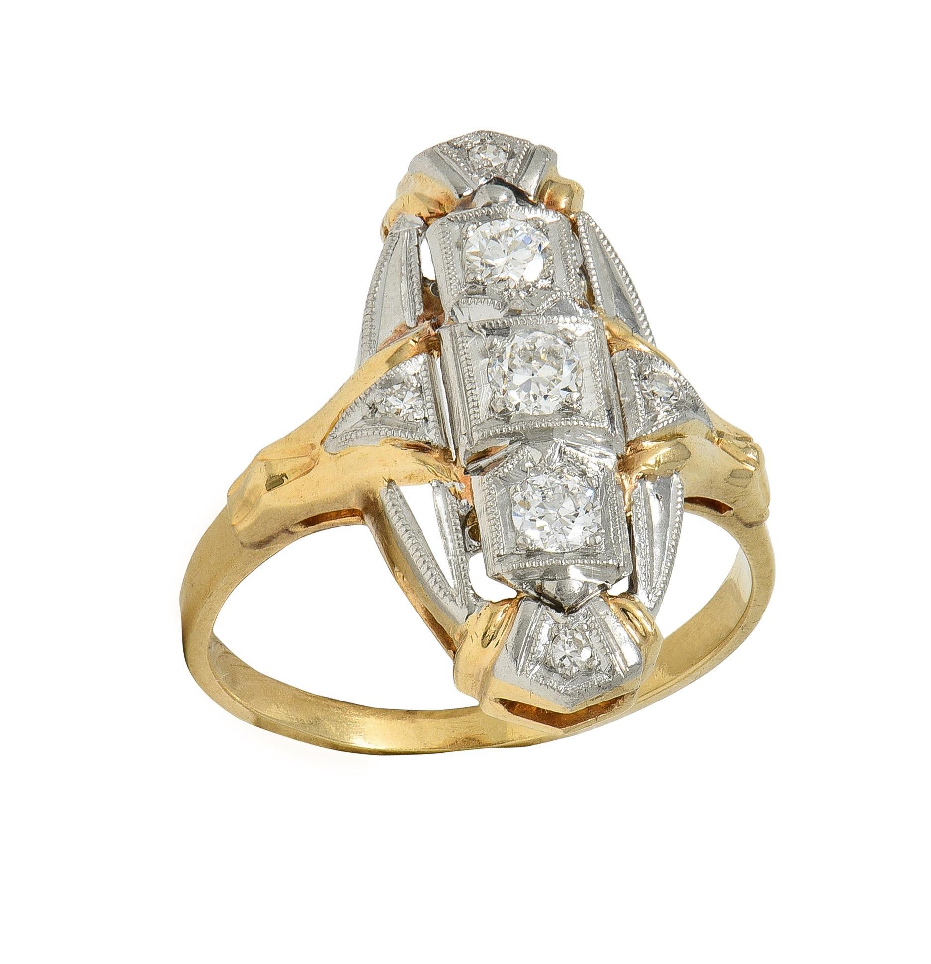 Art Deco Diamant Platin 14 Karat Gelbgold Vintage Navette Dinner Ring im Angebot 2