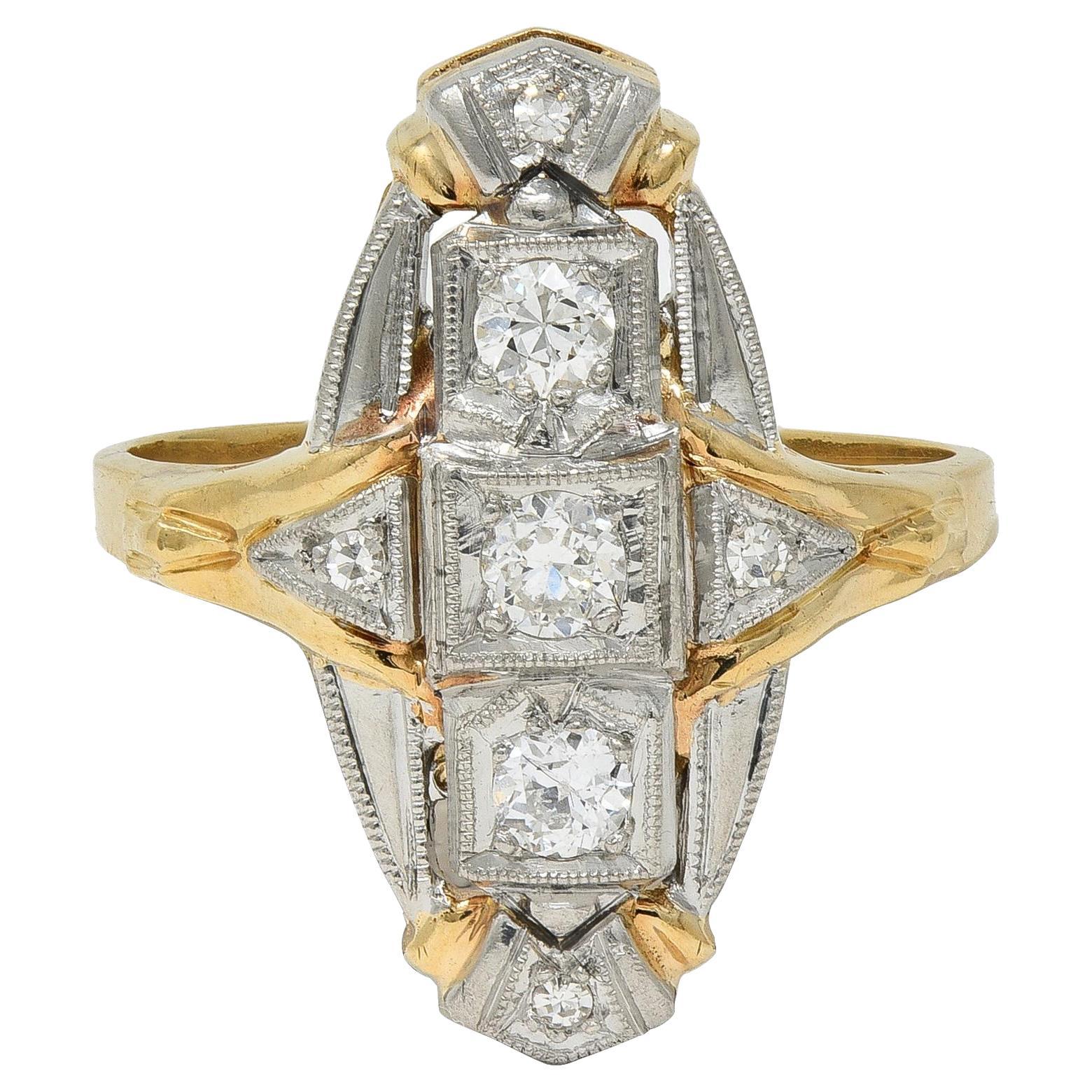 Art Deco Diamond Platinum 14 Karat Yellow Gold Vintage Navette Dinner Ring For Sale