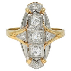 Art Deco Diamond Platinum 14 Karat Yellow Gold Vintage Navette Dinner Ring
